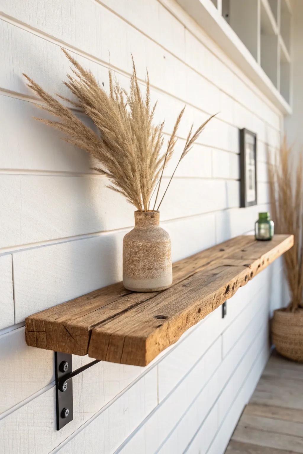 DIY reclaimed wood shelf with black brackets—farmhouse warmth and extra space on a budget.