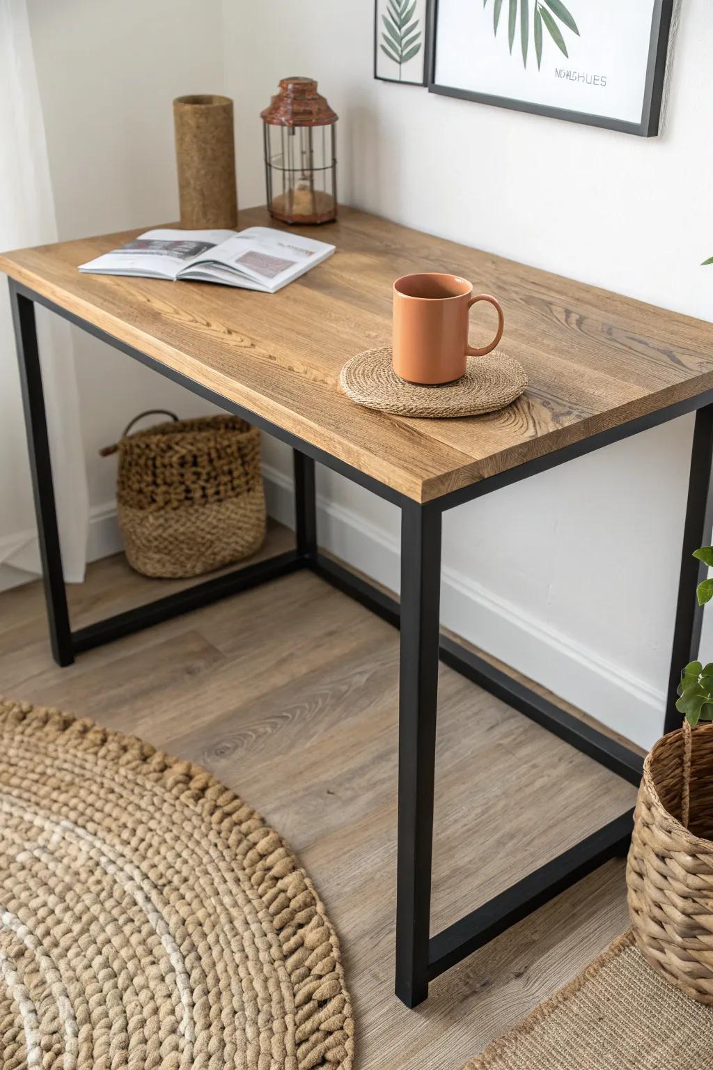 Chunky oak corner desk brings farmhouse warmth to a small office—minimal, bold, built to last.