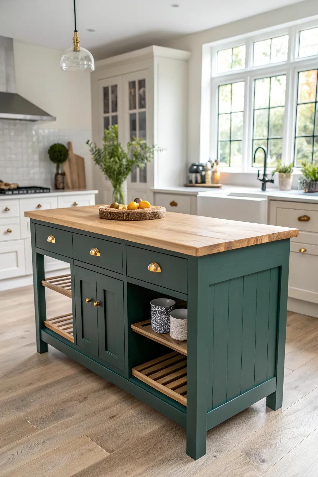 Two-tone contrast: a deep-colored island makes a small L-shaped kitchen feel bold and airy.