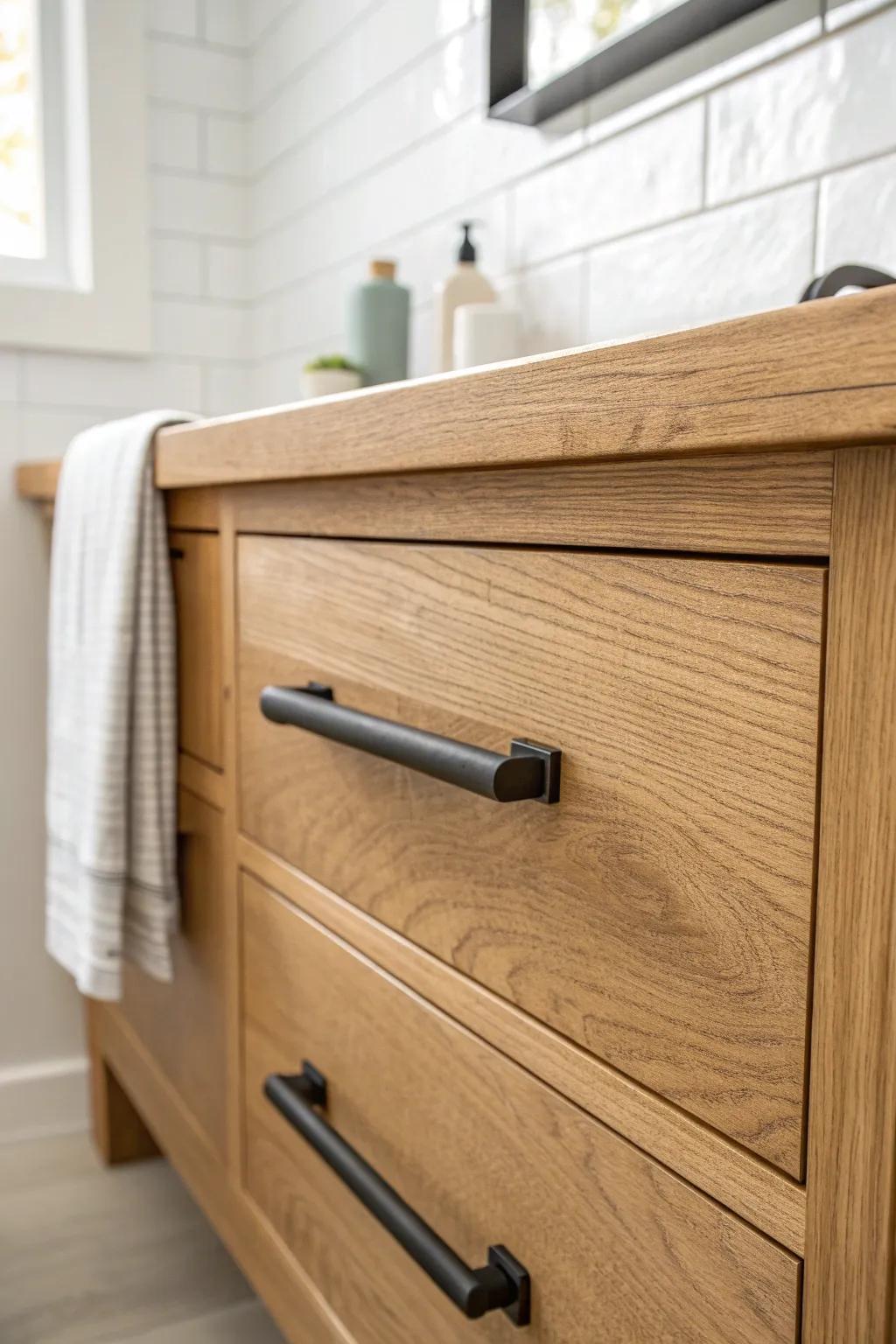 Matte black hardware adds crisp contrast—instantly sharpening a small modern farmhouse vanity.