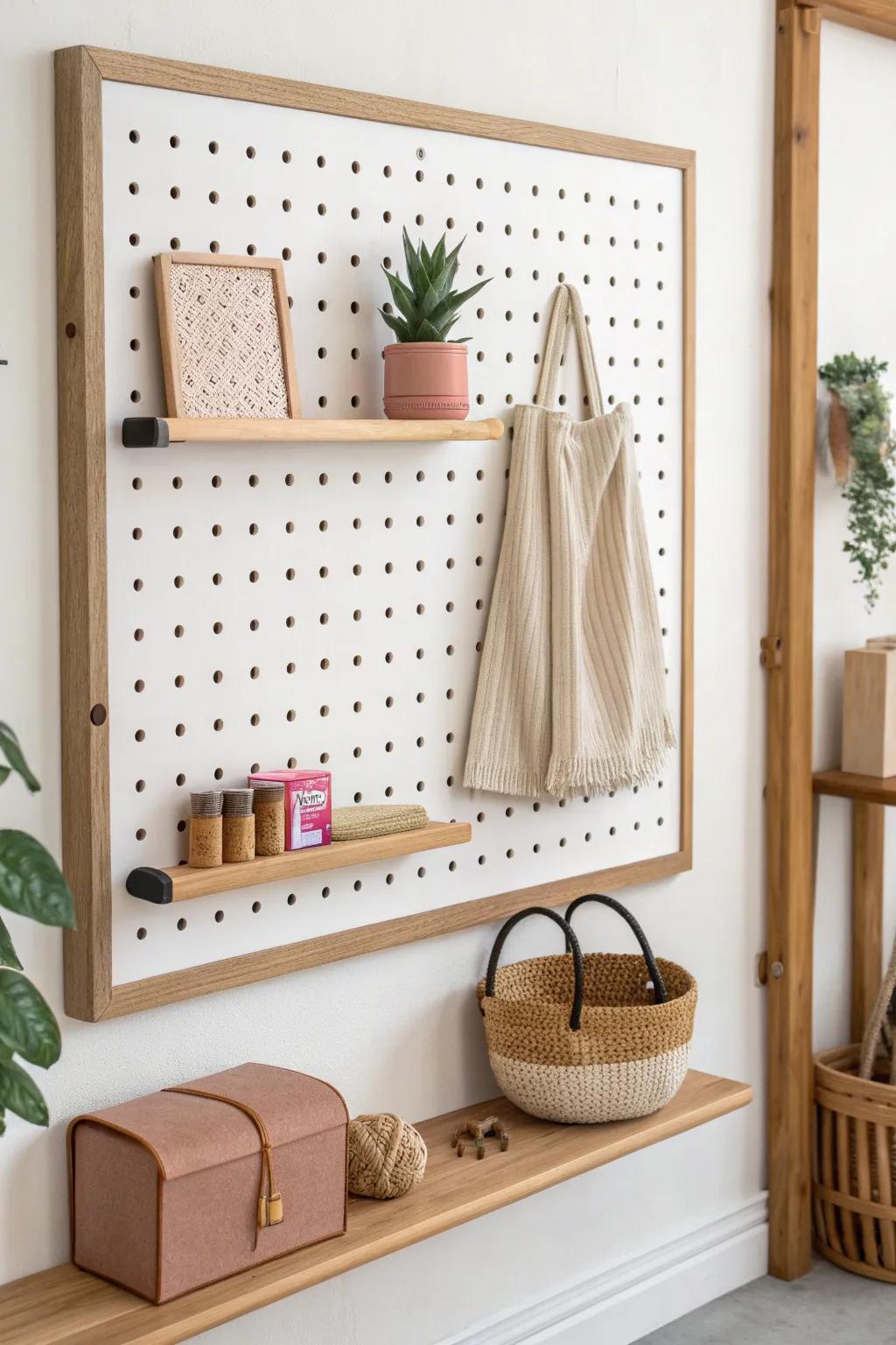 Warm wood-framed pegboard wall—modular shelves and baskets for chic small-shop storage.