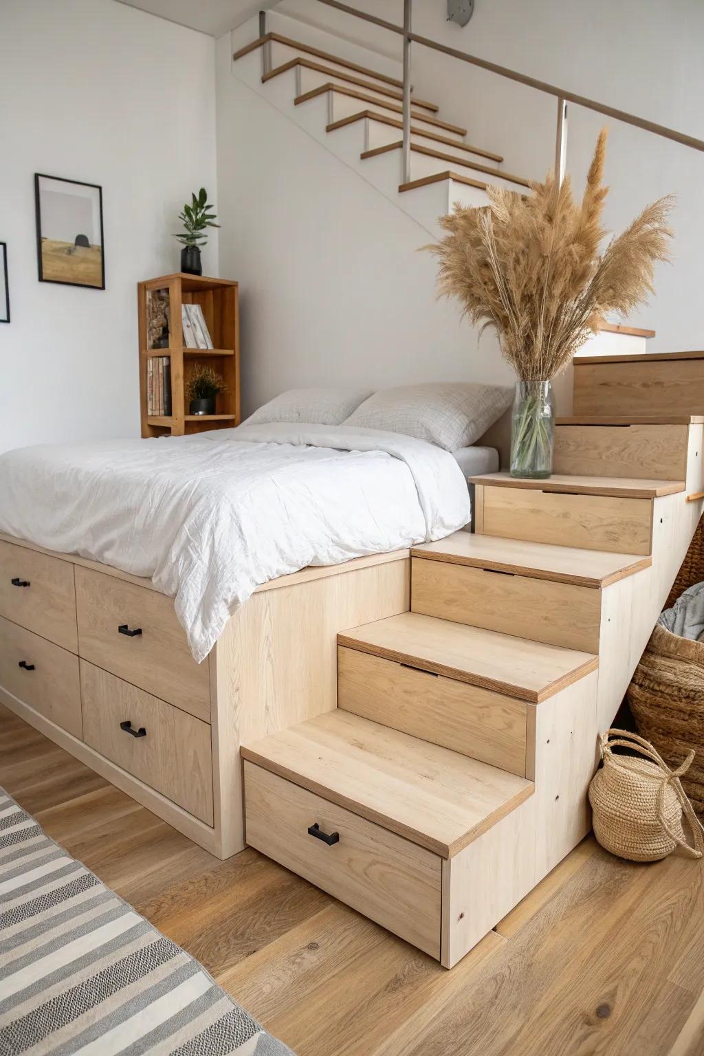 Box stairs with hidden drawers: safer than a ladder and packed with storage for small rooms.