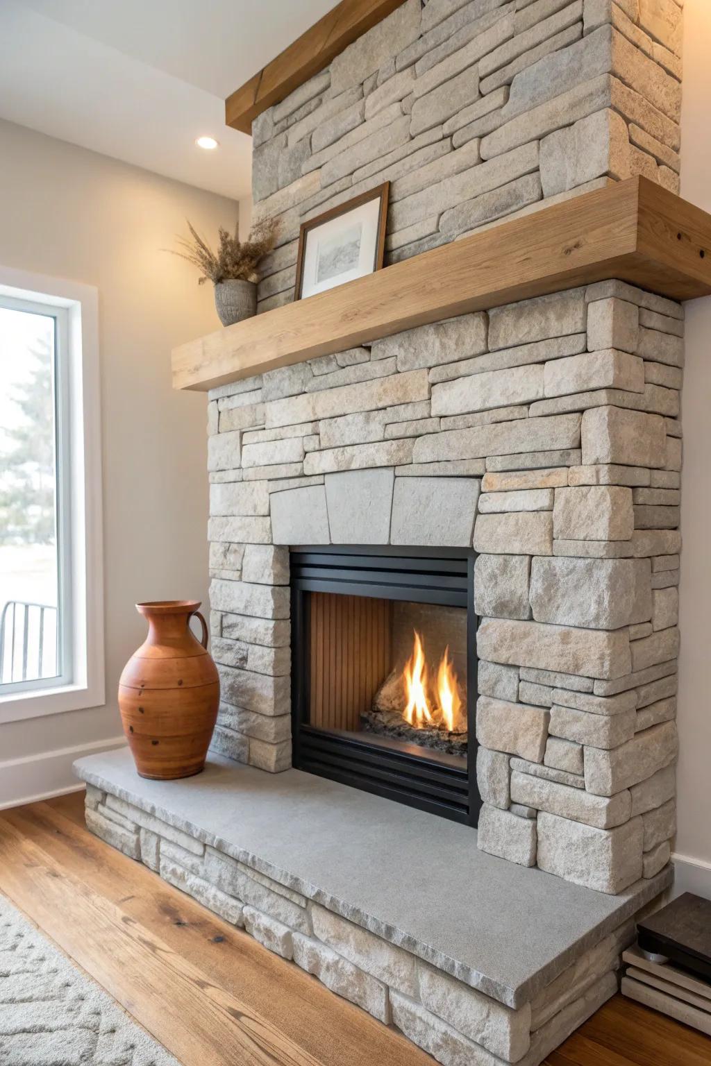 A petite stone fireplace with a chunky oak mantel makes small rooms feel intentional.