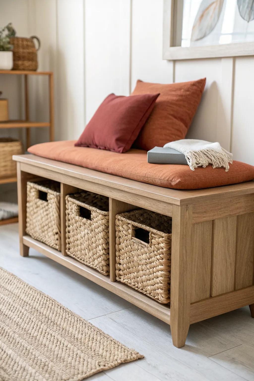 Light oak cubby bench with woven baskets—airy bedroom storage with a bold terracotta pop