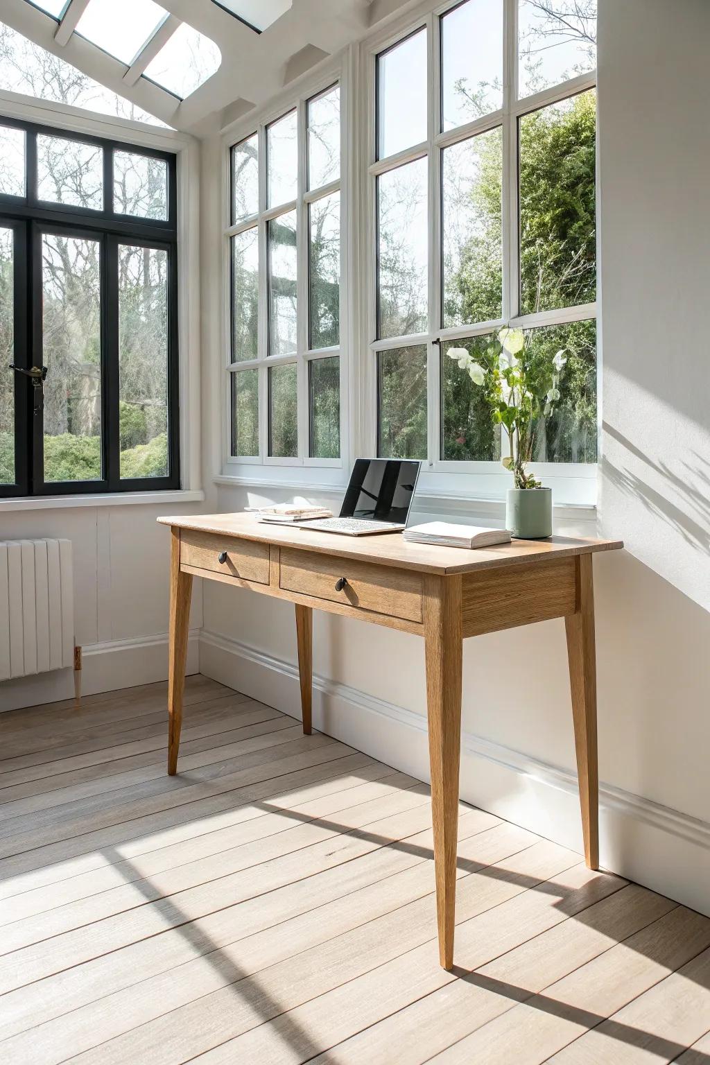 A slim-legged oak desk keeps a small sunroom office bright, breezy, and beautifully crafted.