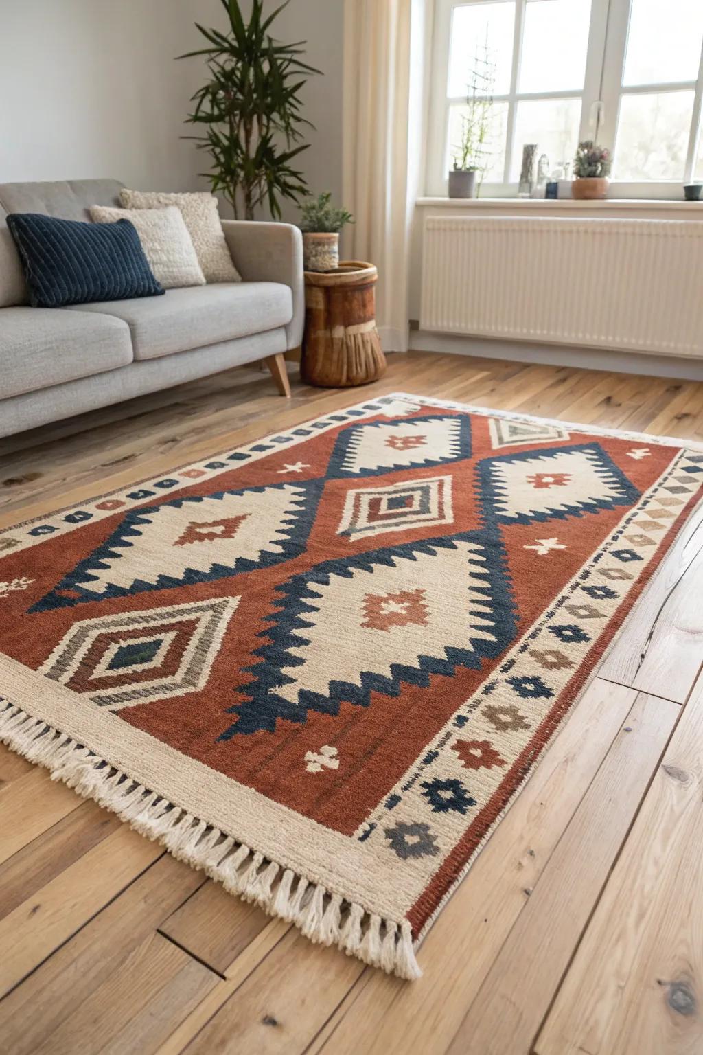 One oversized rug on light oak floors anchors a small living room and instantly adds cozy warmth.