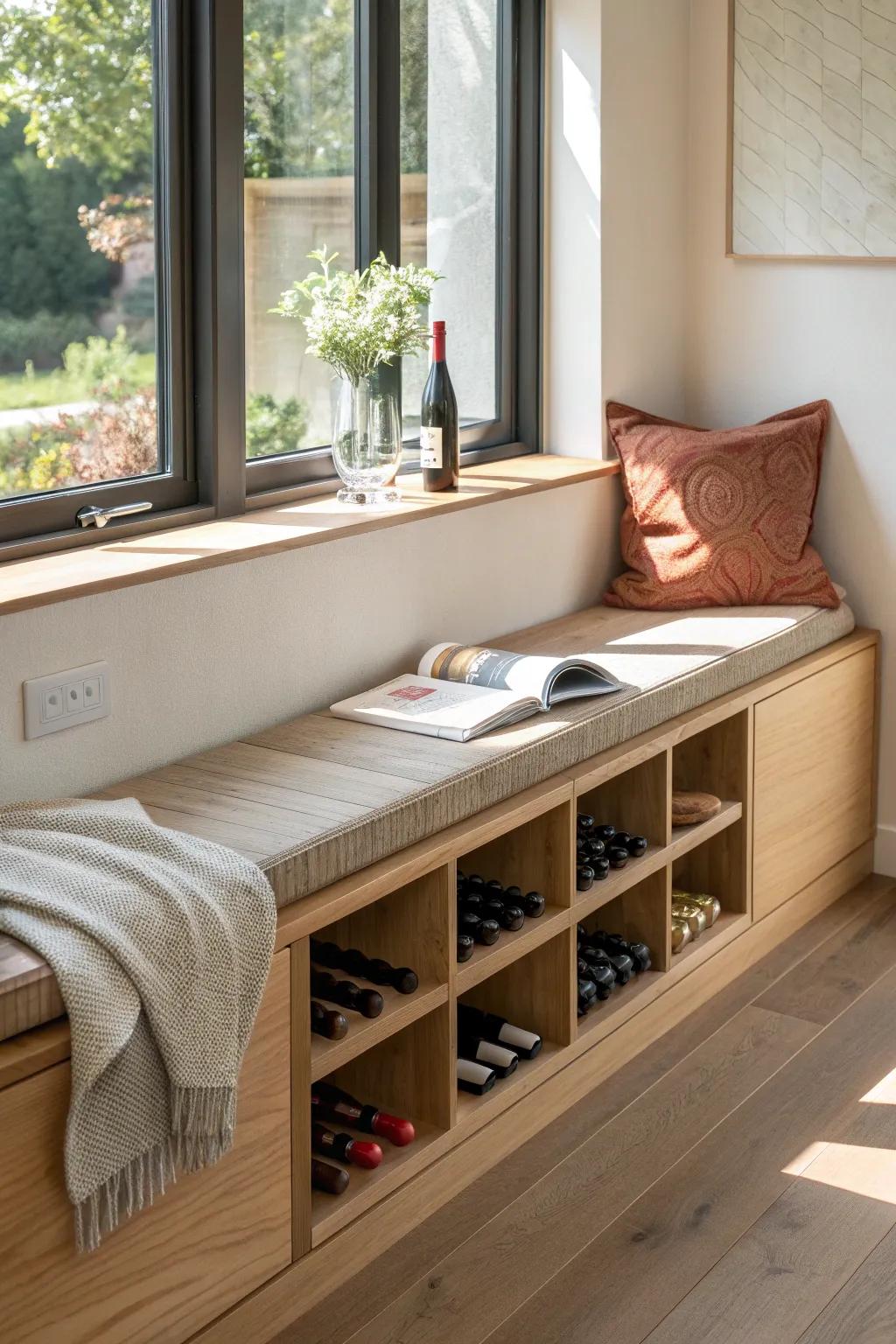 A cozy built-in bench with lift-up lids hides bottles and linens—calm, crafted, and clutter-free.