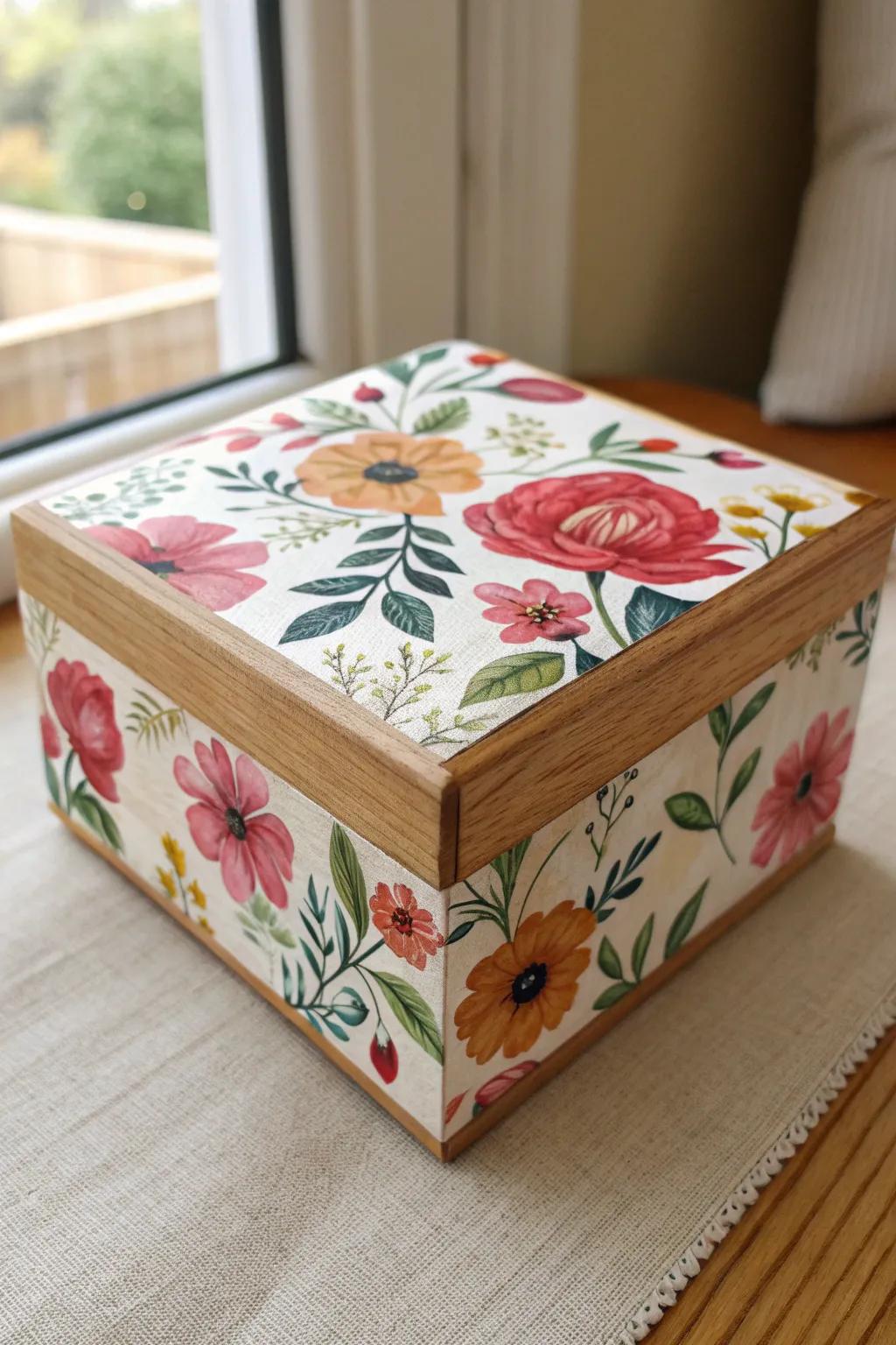 Floral decoupage gives a plain wooden box a chic, painted-on look—smooth, bright, and feminine.