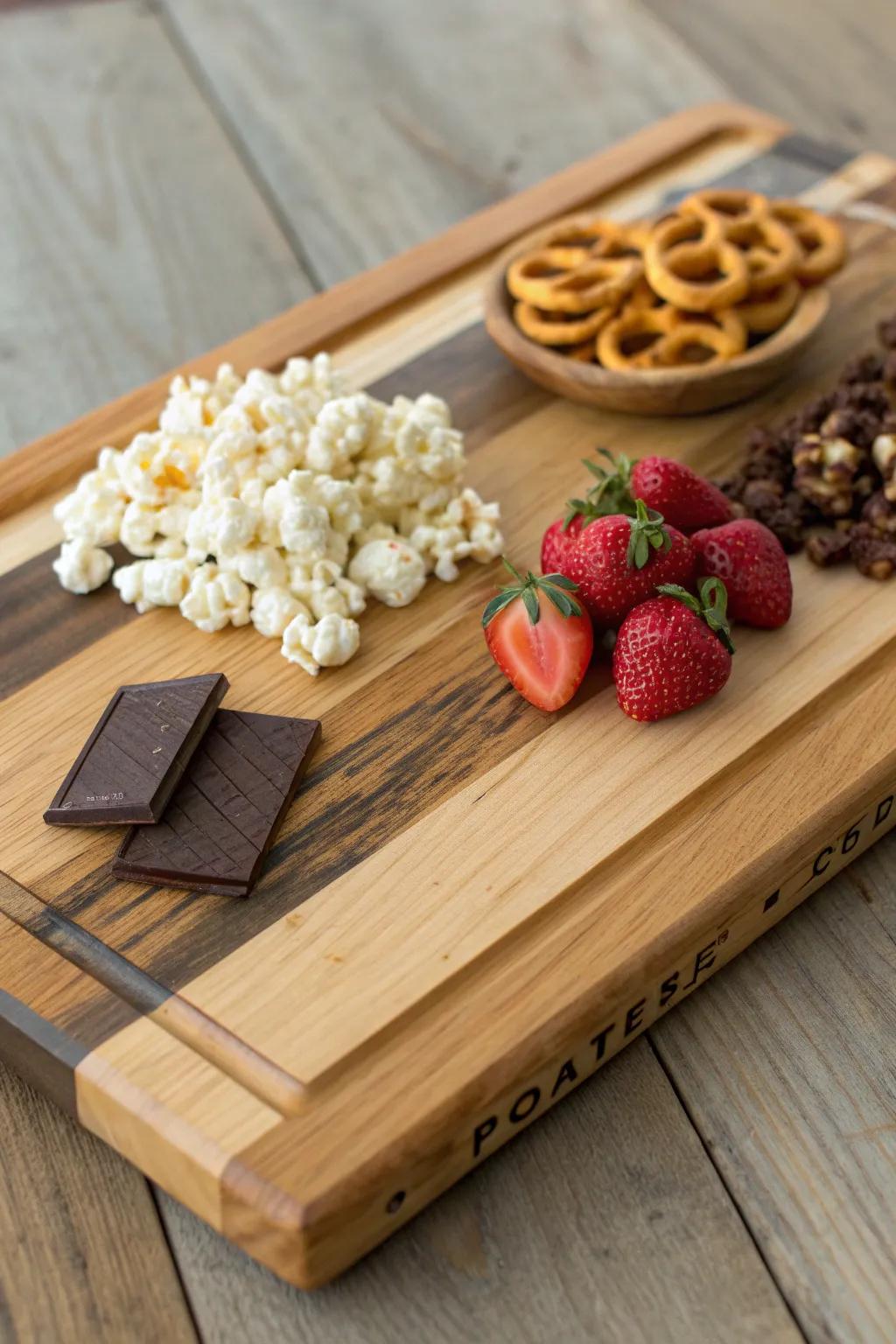 Sweet & salty movie night snack board on a handcrafted reclaimed-wood tray—cozy, bold, and chic.