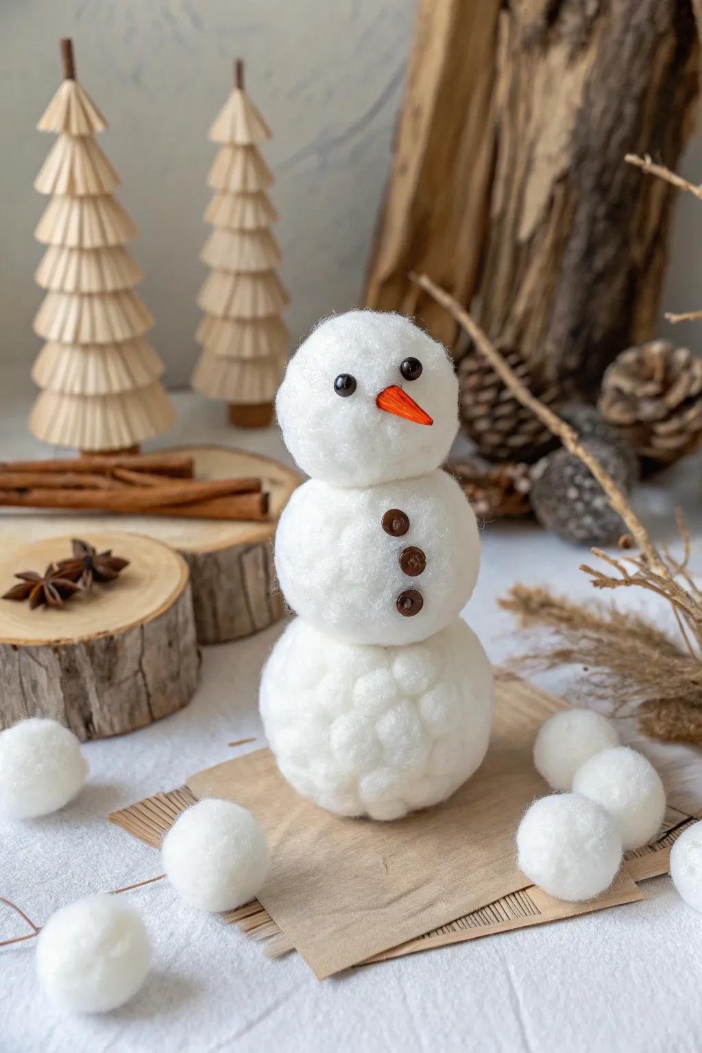 Embrace the charm of winter with this cozy cotton ball snowman, where simplicity meets artistic flair. ❄️✨