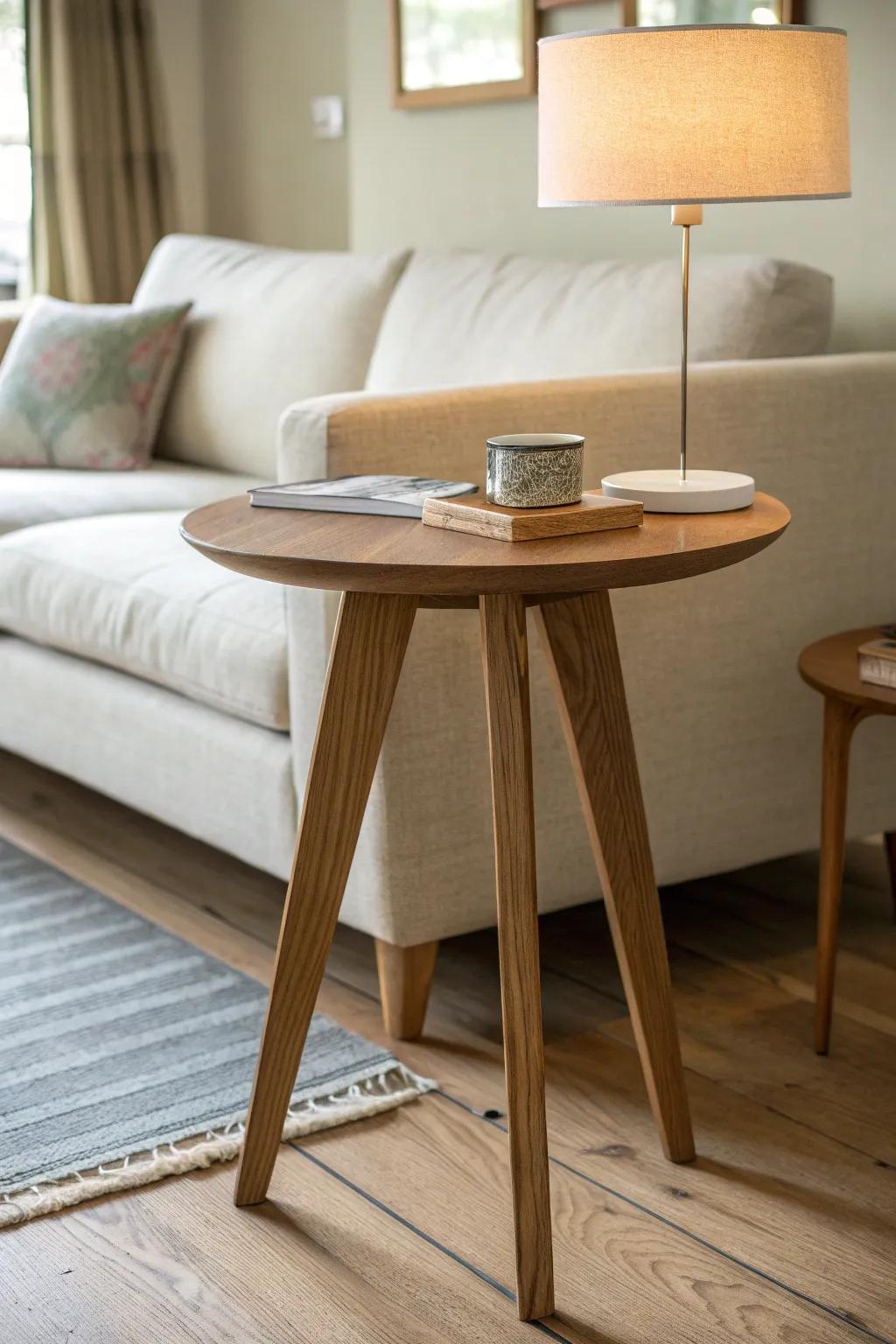 Slim oak sofa side table with a stabilizing stretcher—made for tight gaps and cozy evenings.