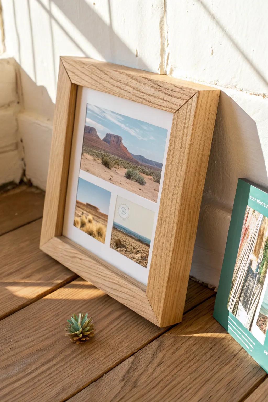 Earthy Southwest gallery-wall vibe in one oak frame—clean, crafted, with a bold turquoise pop.