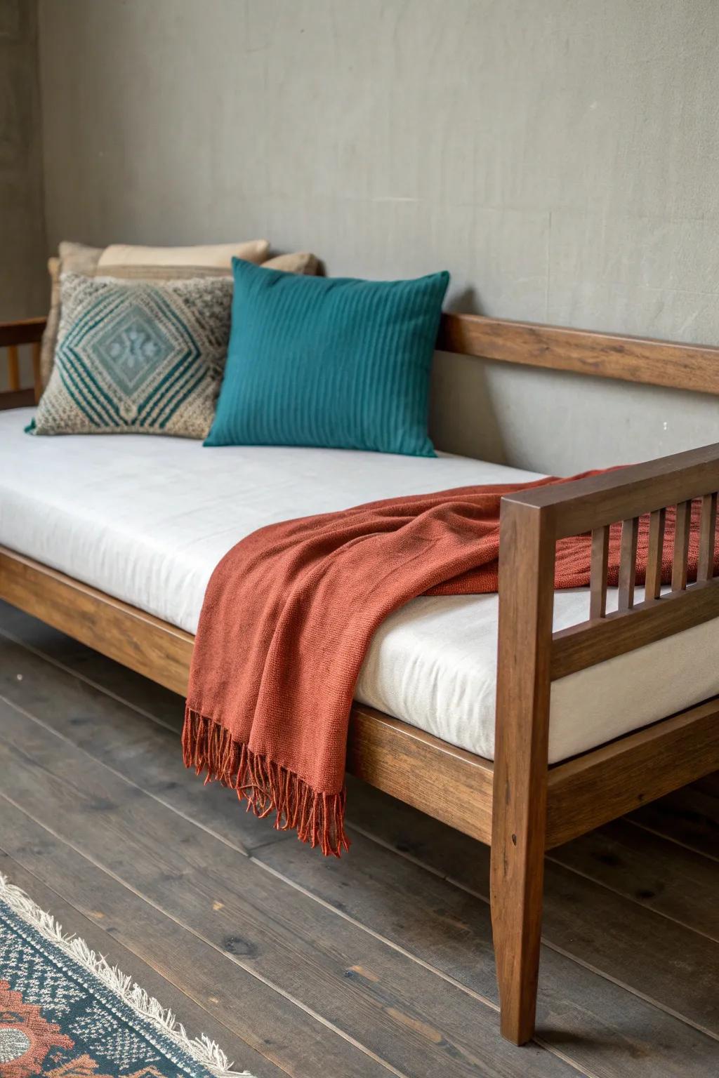 Handcrafted wood daybed with sofa-style back—space-saving by day, sleep-ready by night.
