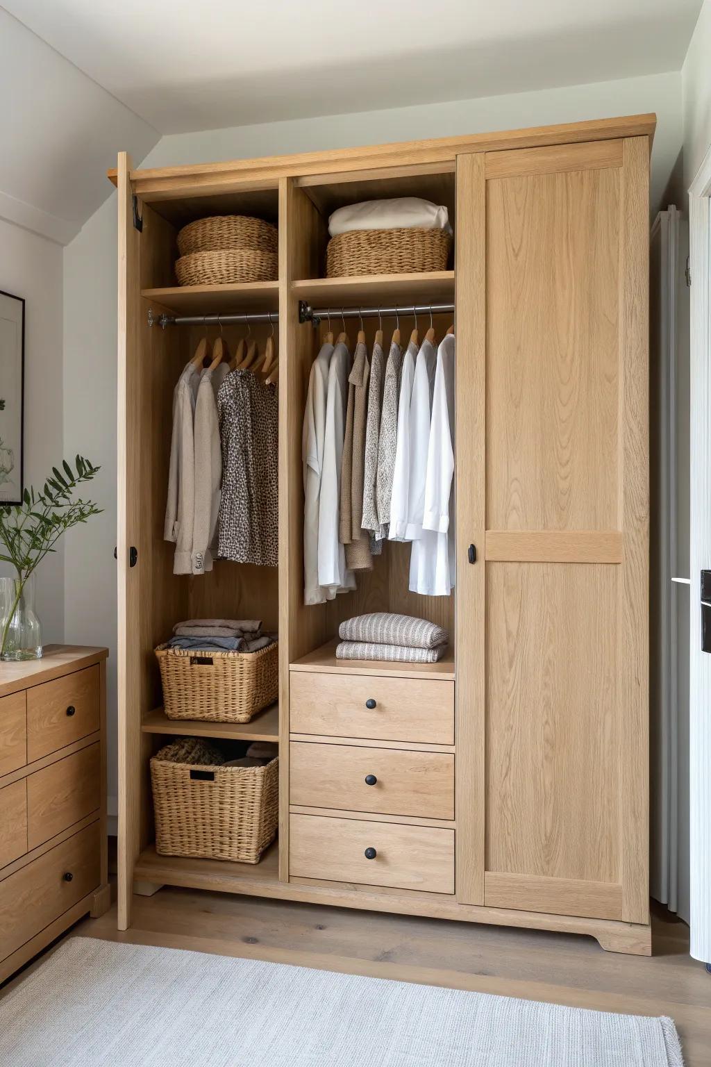 A low oak dresser inside the closet keeps the bedroom airy while adding beautiful hidden storage.