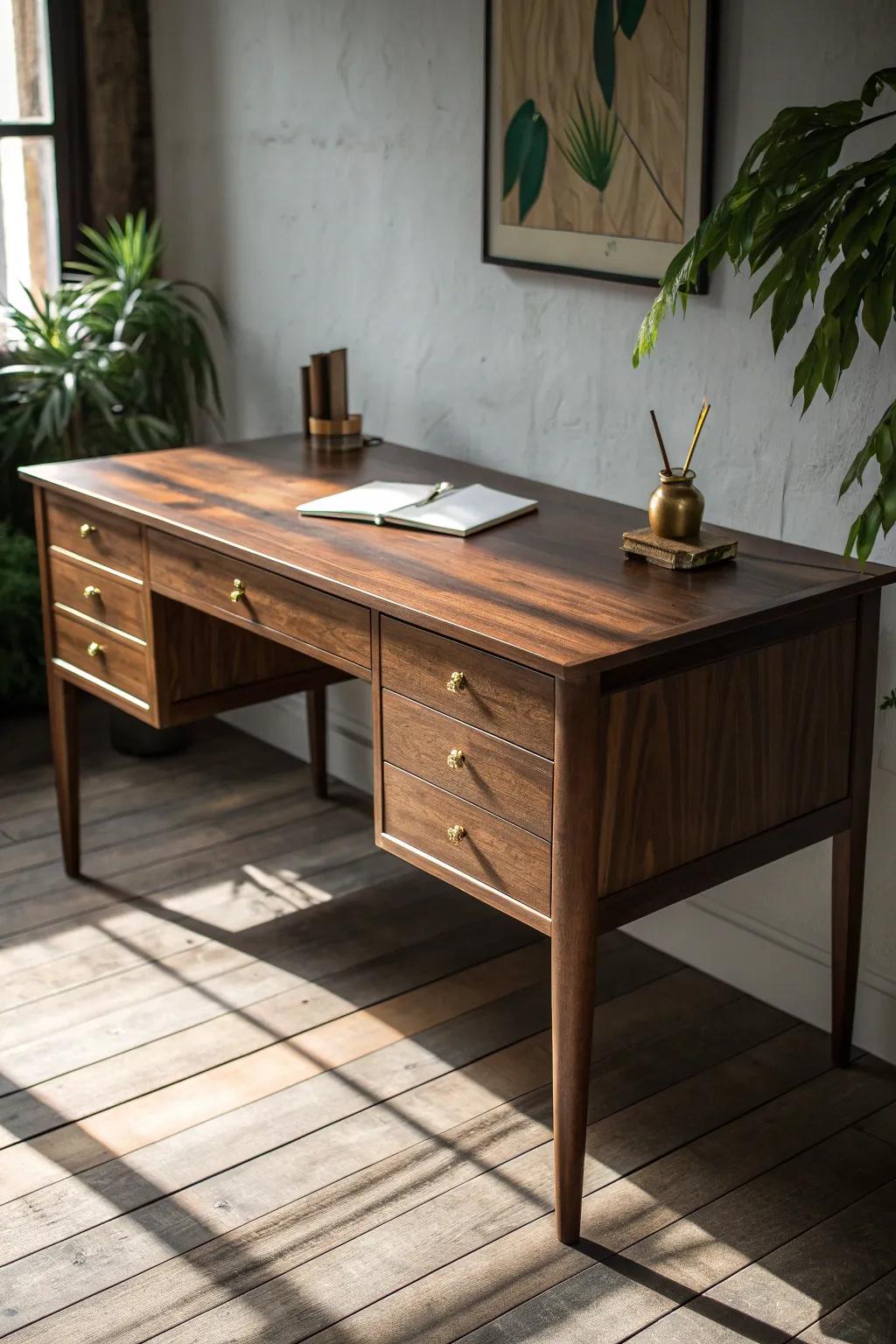 Dark-stained solid wood desk with a satin glow—speakeasy executive vibe, cozy and chic.