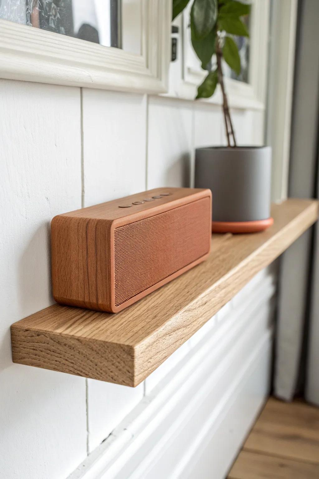 Deep oak picture ledge with a slim front lip—an elegant, movable shelf for compact speakers.