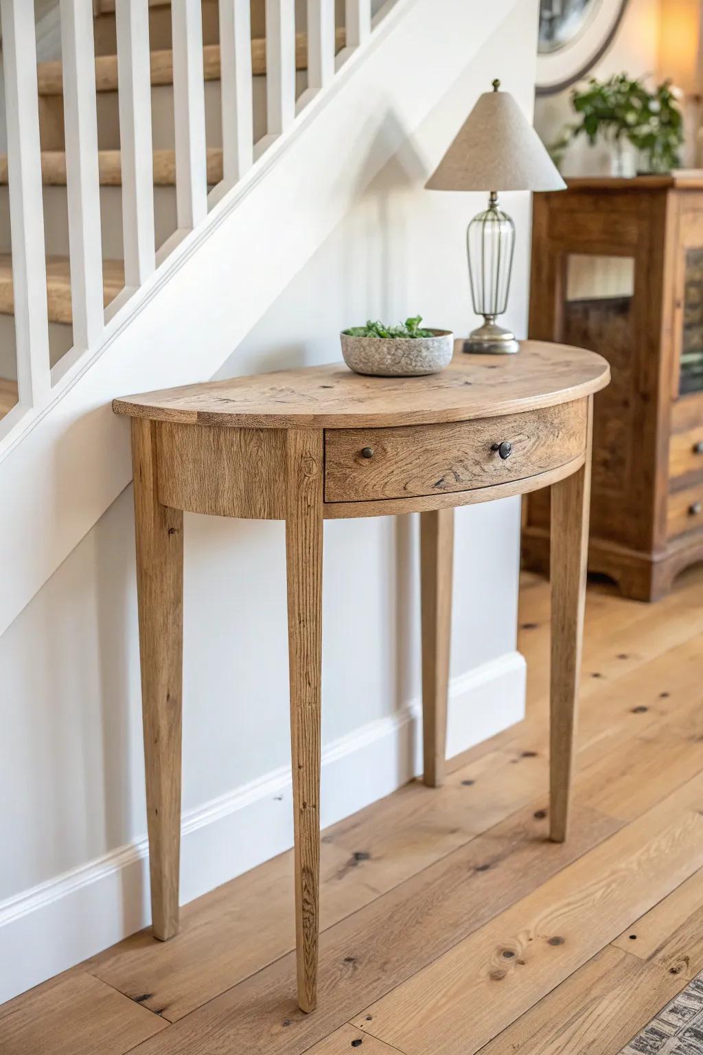 A slim half-moon table beside the spiral stair—simple, curved, and beautifully handcrafted.