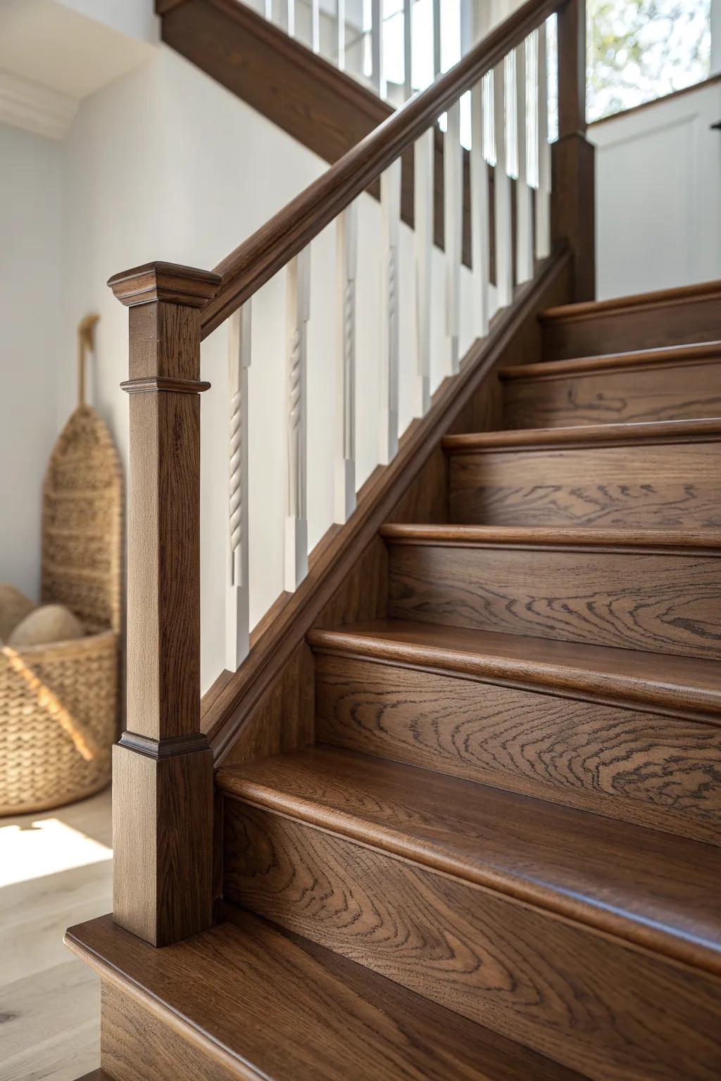 Dark-stained treads with a matching handrail create a clean, intentional staircase frame.