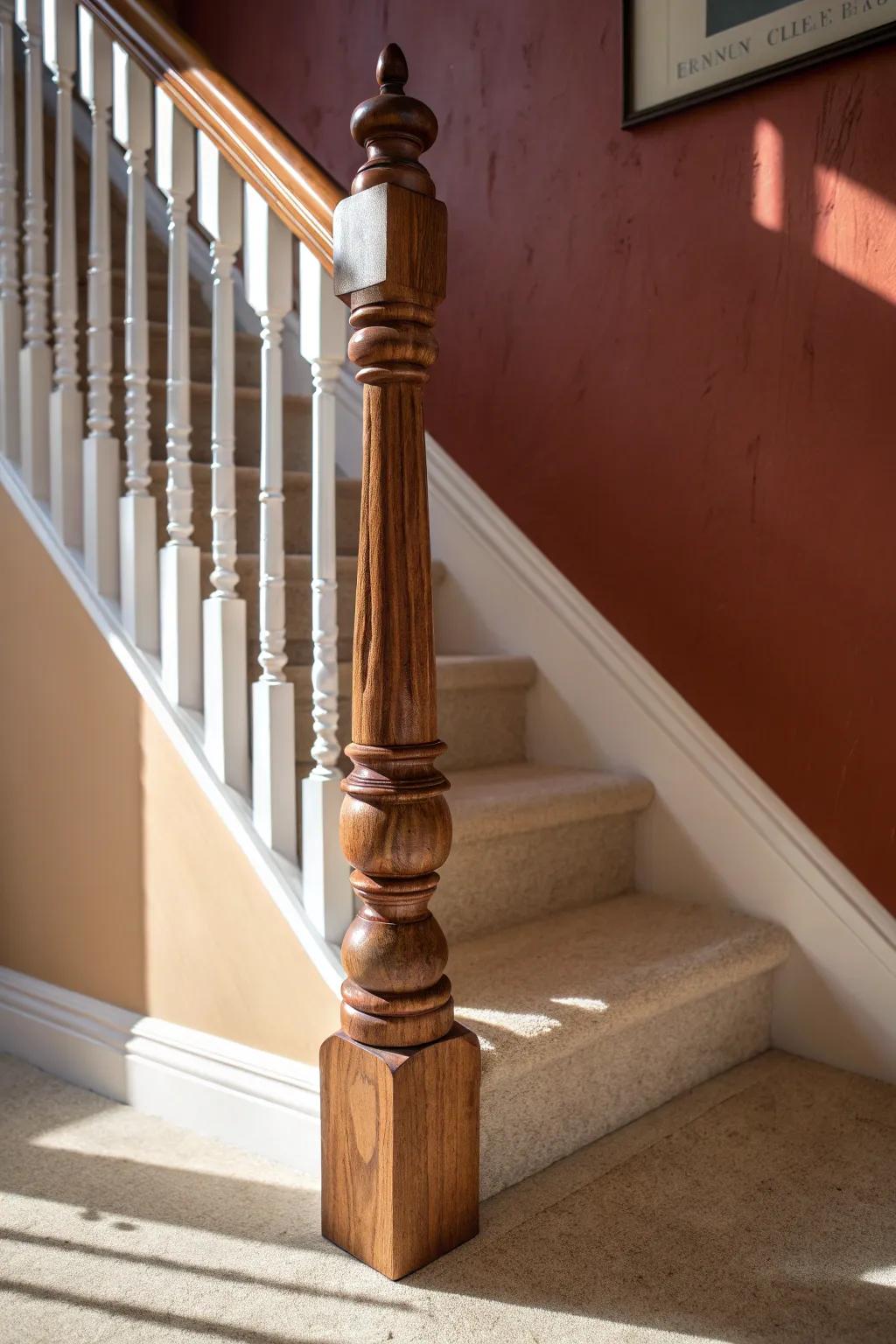 Classic turned wood baluster, refreshed with warm walnut stain and crisp white paint.