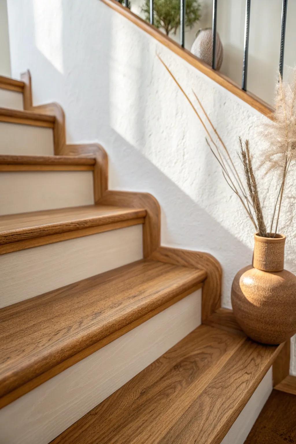 Classic oak bullnose stair nose: a soft, rounded edge that stays beautiful through dings.