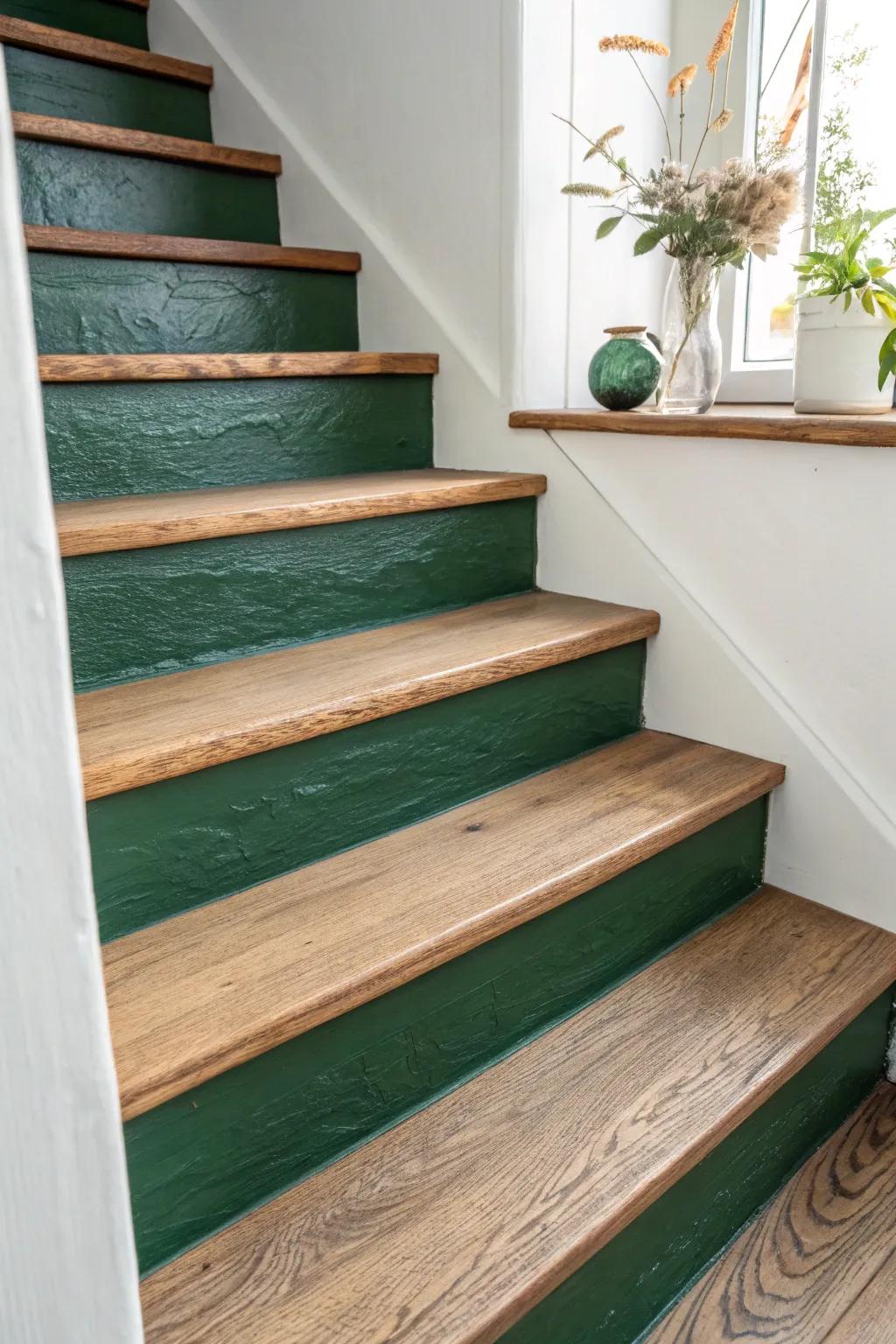Matte floor paint makes bare stairs look new—easy to wipe clean and safer than glossy finishes.