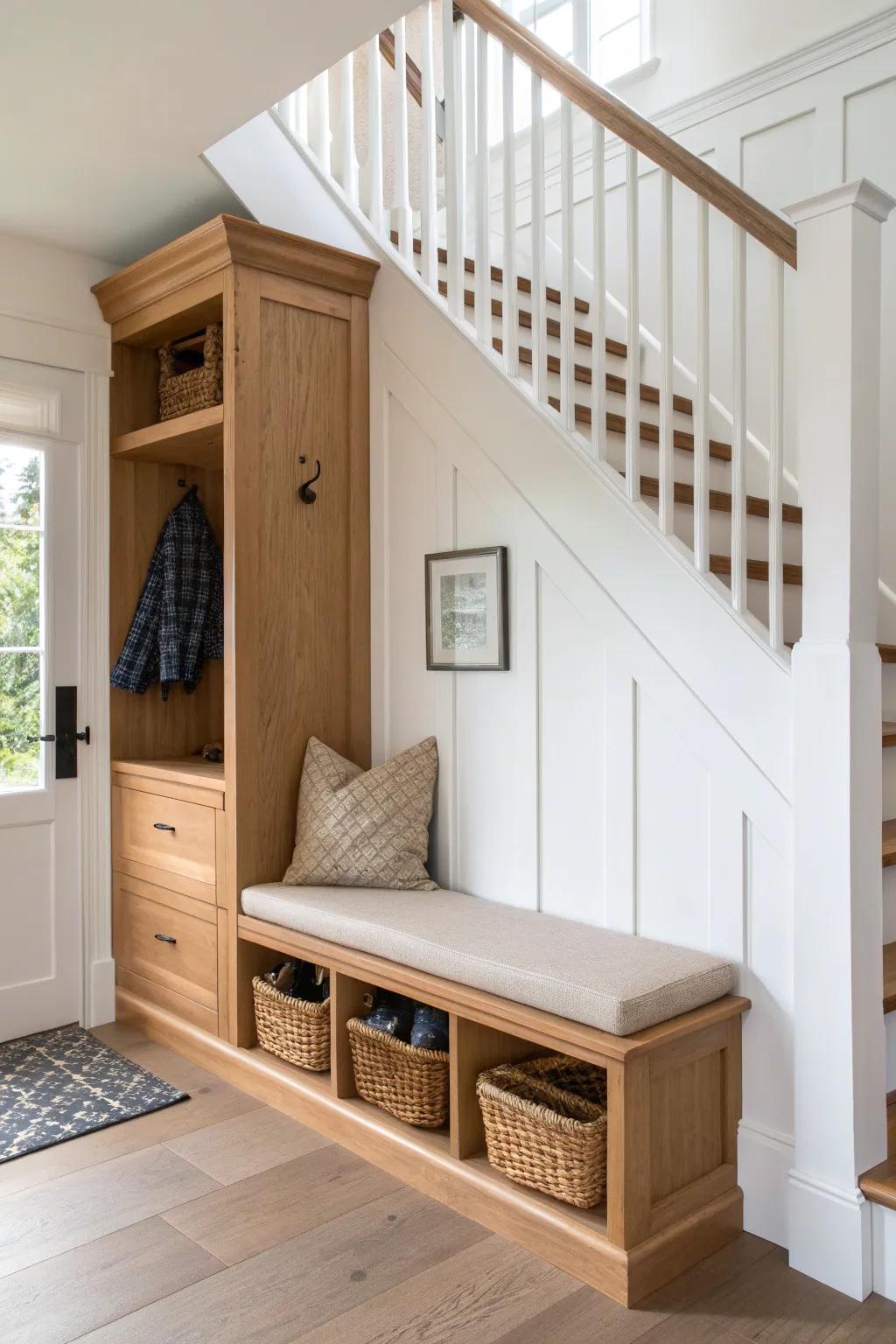 Under-stairs mudroom bench with flip-up storage—clean cubbies, warm wood, bold accents.