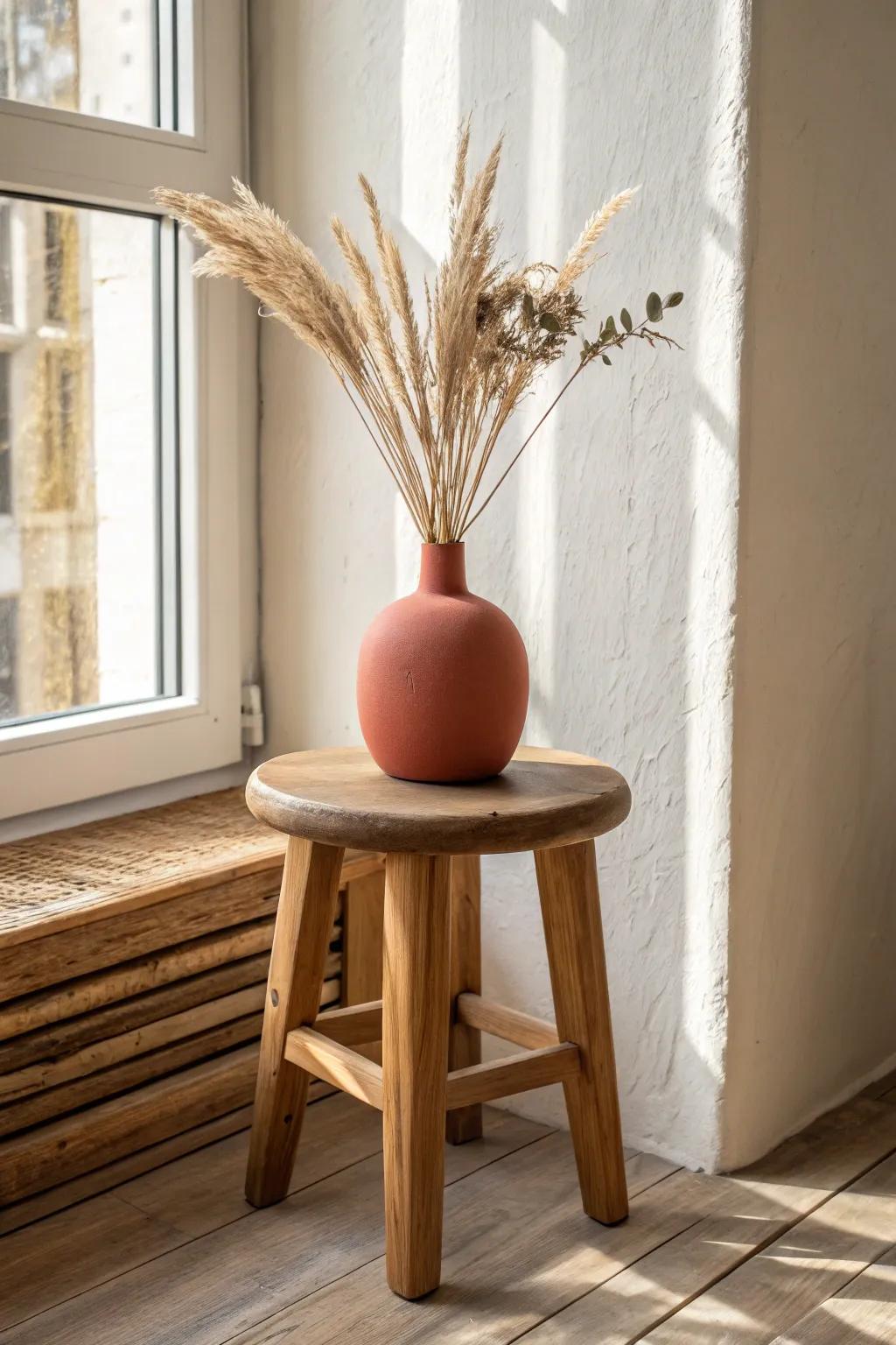 Turn a simple wooden stool into a focal point with a chunky vase and dried blooms.