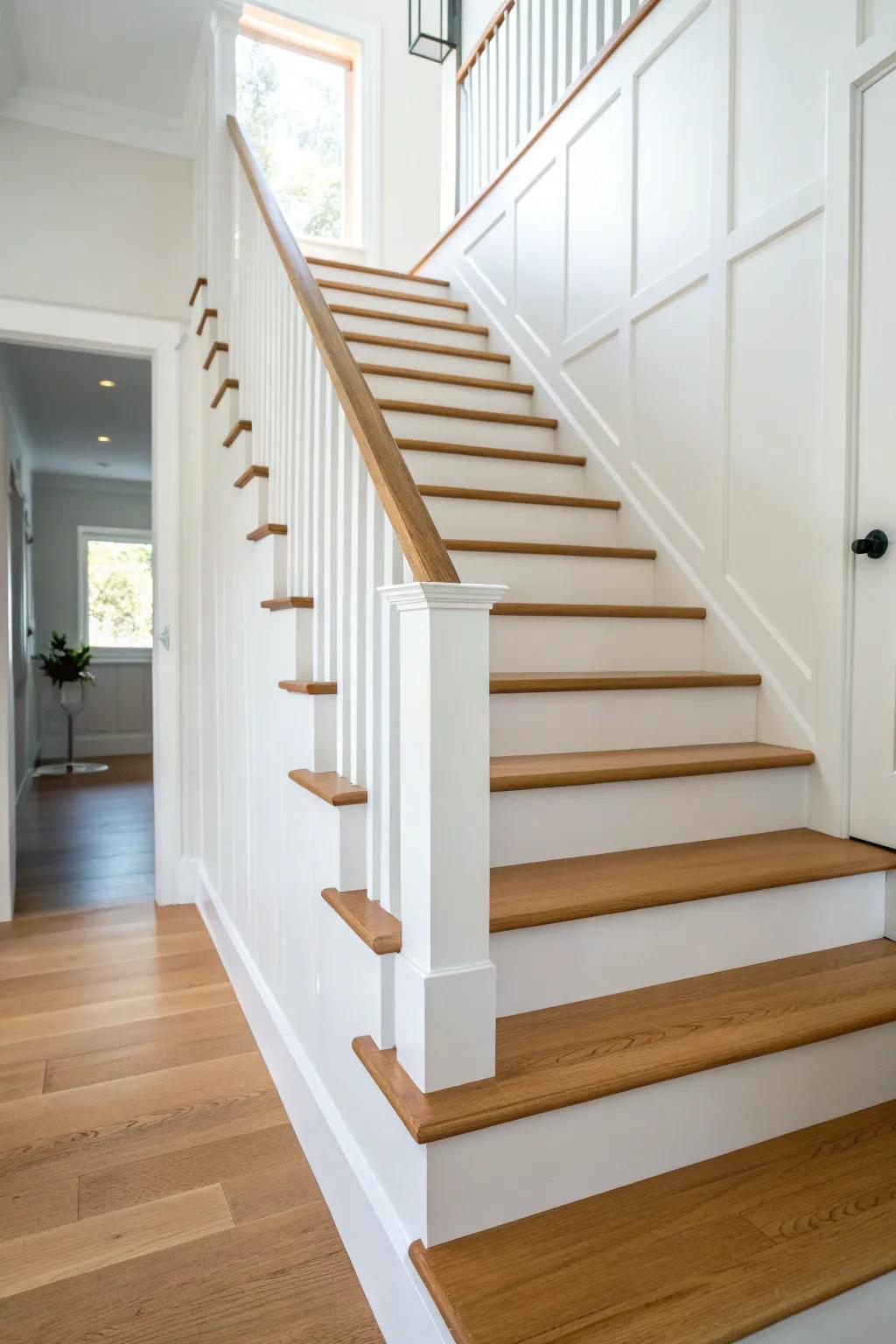 Boxed stringers + a crisp skirt board make a straight staircase look custom and built-in.