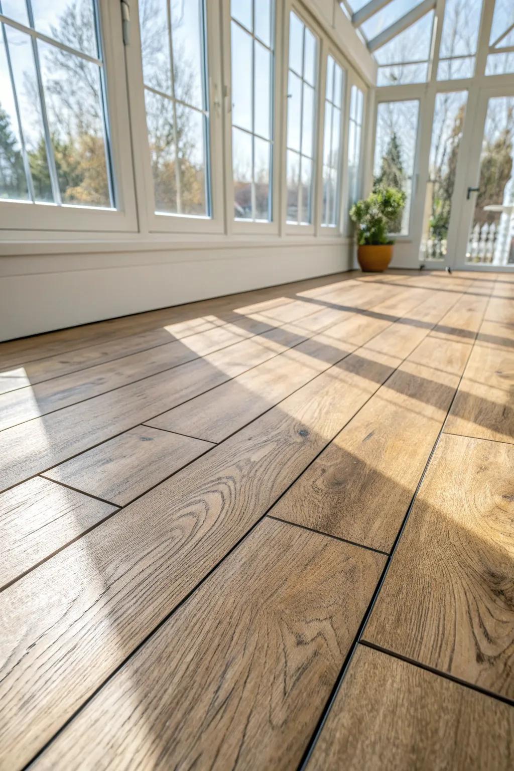 Wood warmth without the worry: wood-look tile over concrete handles sunroom moisture beautifully.