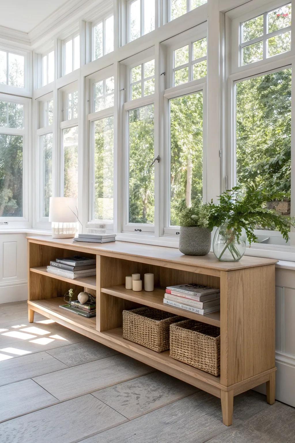A low wooden bookcase under the windows adds built-in charm—and hides sunroom essentials.