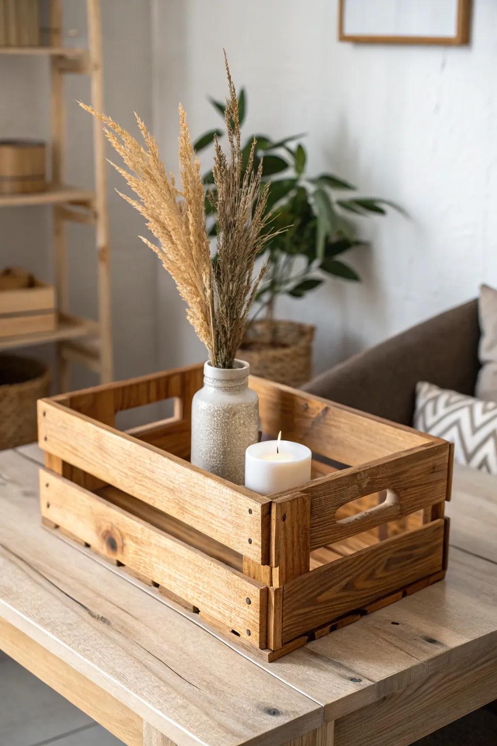 Rustic tabletop layering made simple: a flipped wood crate creates an instant shelf moment.