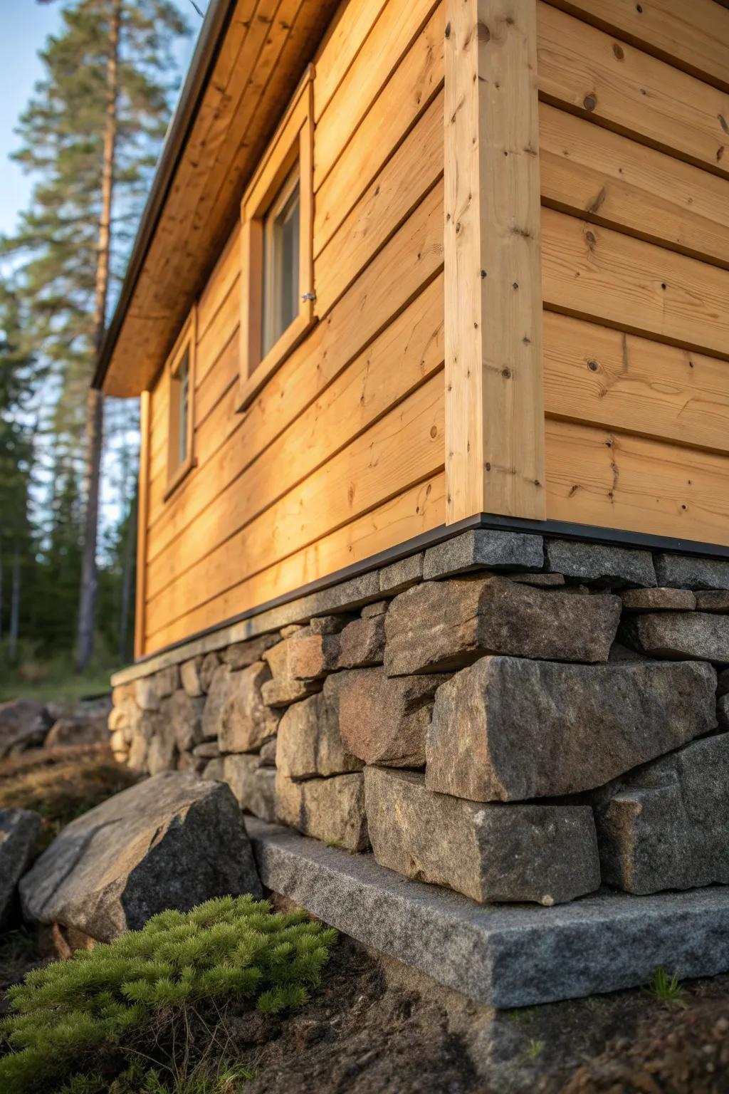 Rock foundation base trim: the detail that grounds a forest cabin and makes it feel built to last.