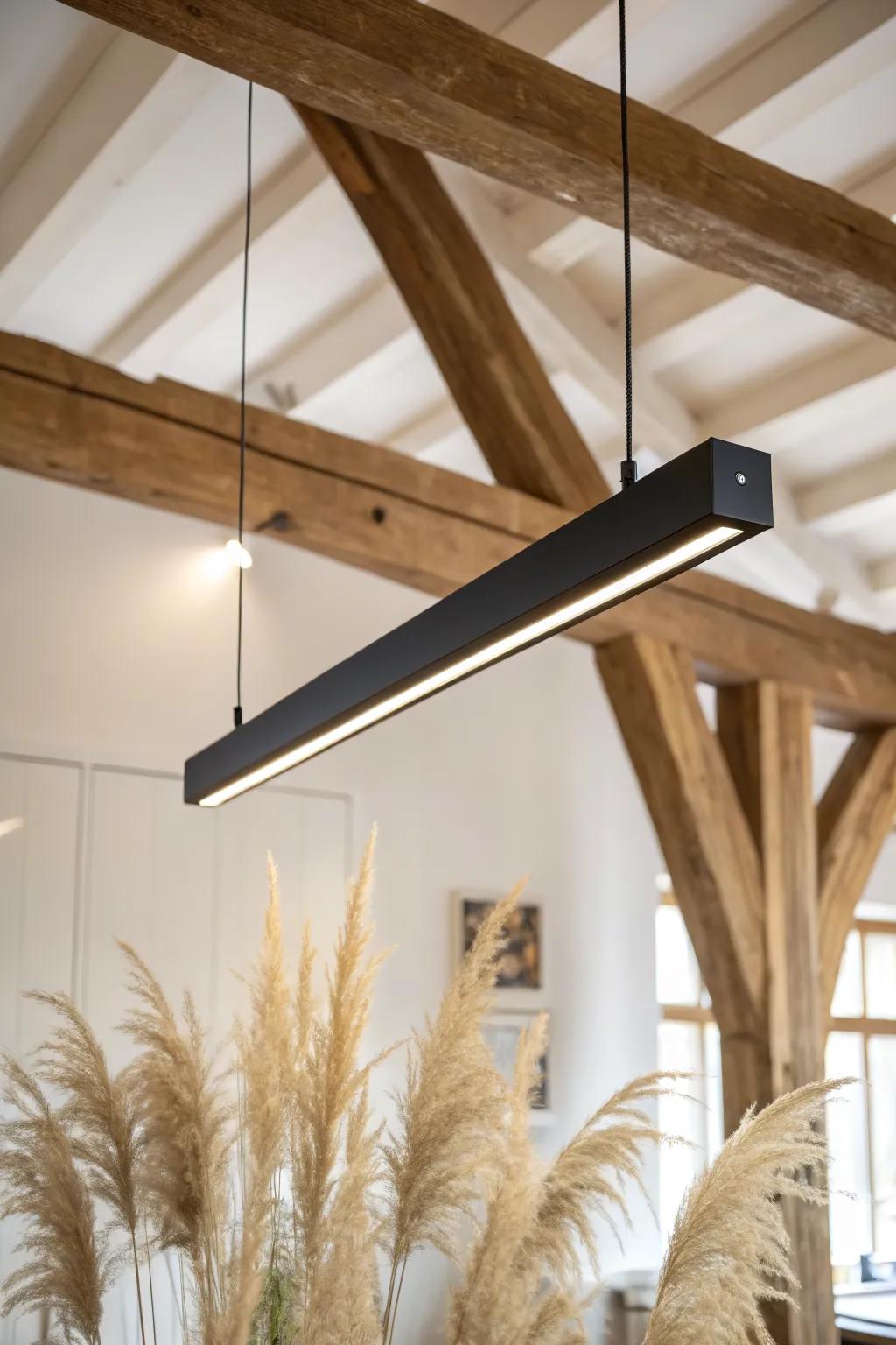 A sleek linear pendant mirrors the ridge beam—modern, airy, and made for timber frames.