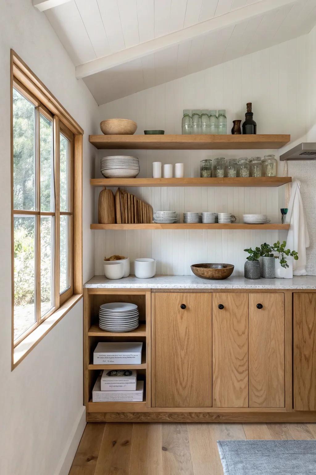 Ceiling-high open shelves in light oak—airy storage that looks styled, never cluttered.