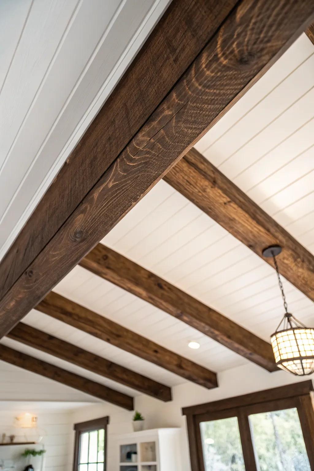 Dark-stained exposed beam against a bright ceiling—tiny-house architecture with cozy modern contrast.