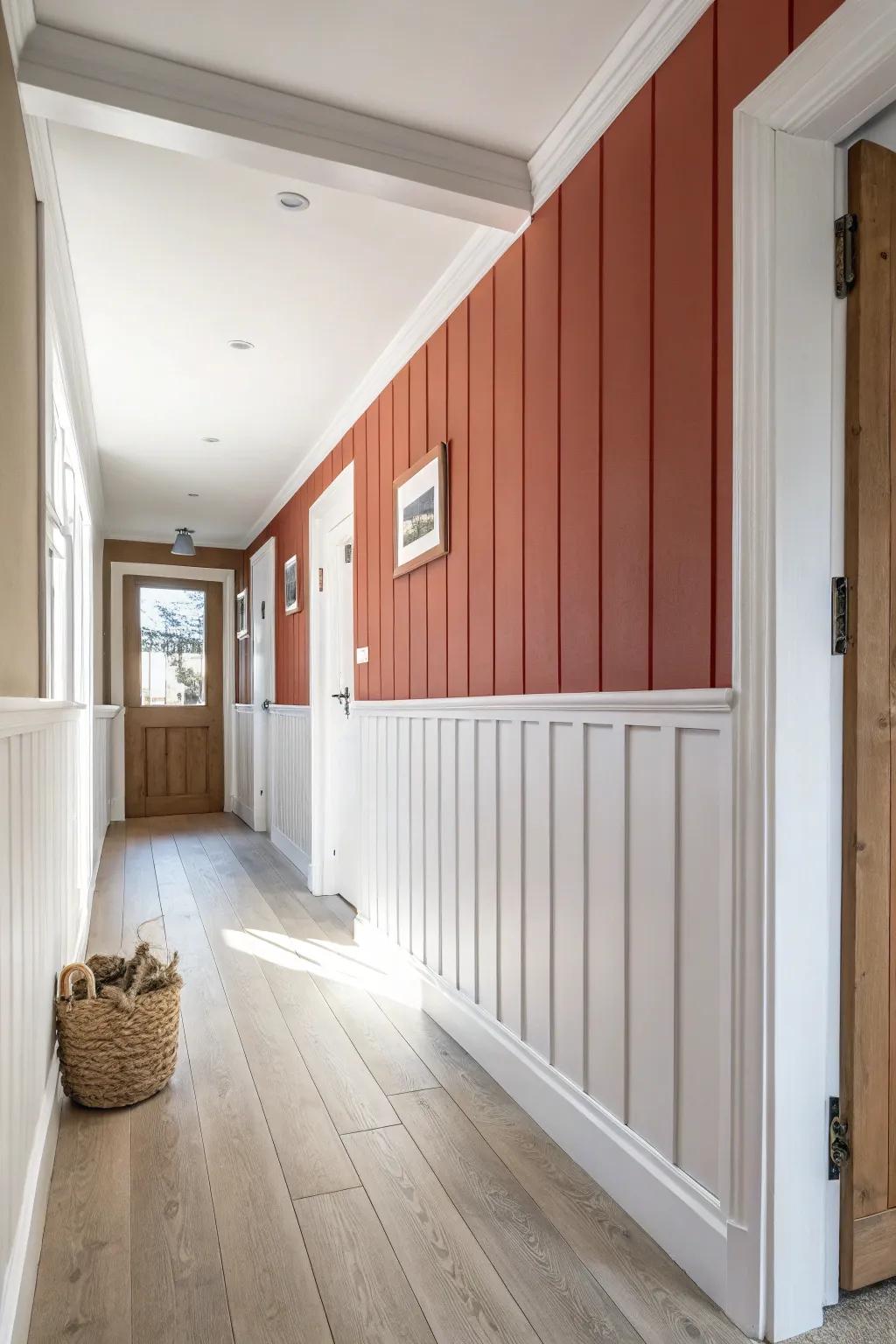 Half-height tongue & groove with a chunky oak cap ledge—bold, protective, and style-ready.