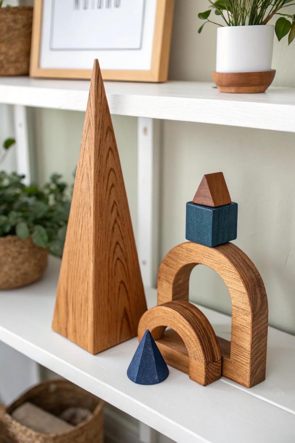 Use the triangle trick—tall, medium, small—made effortless with a sculptural wooden trio.