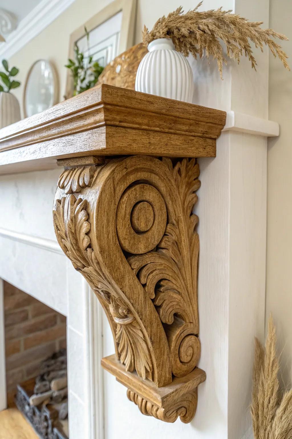 Carved wooden corbel drama—old-world charm with crisp shadows and warm, refined grain.