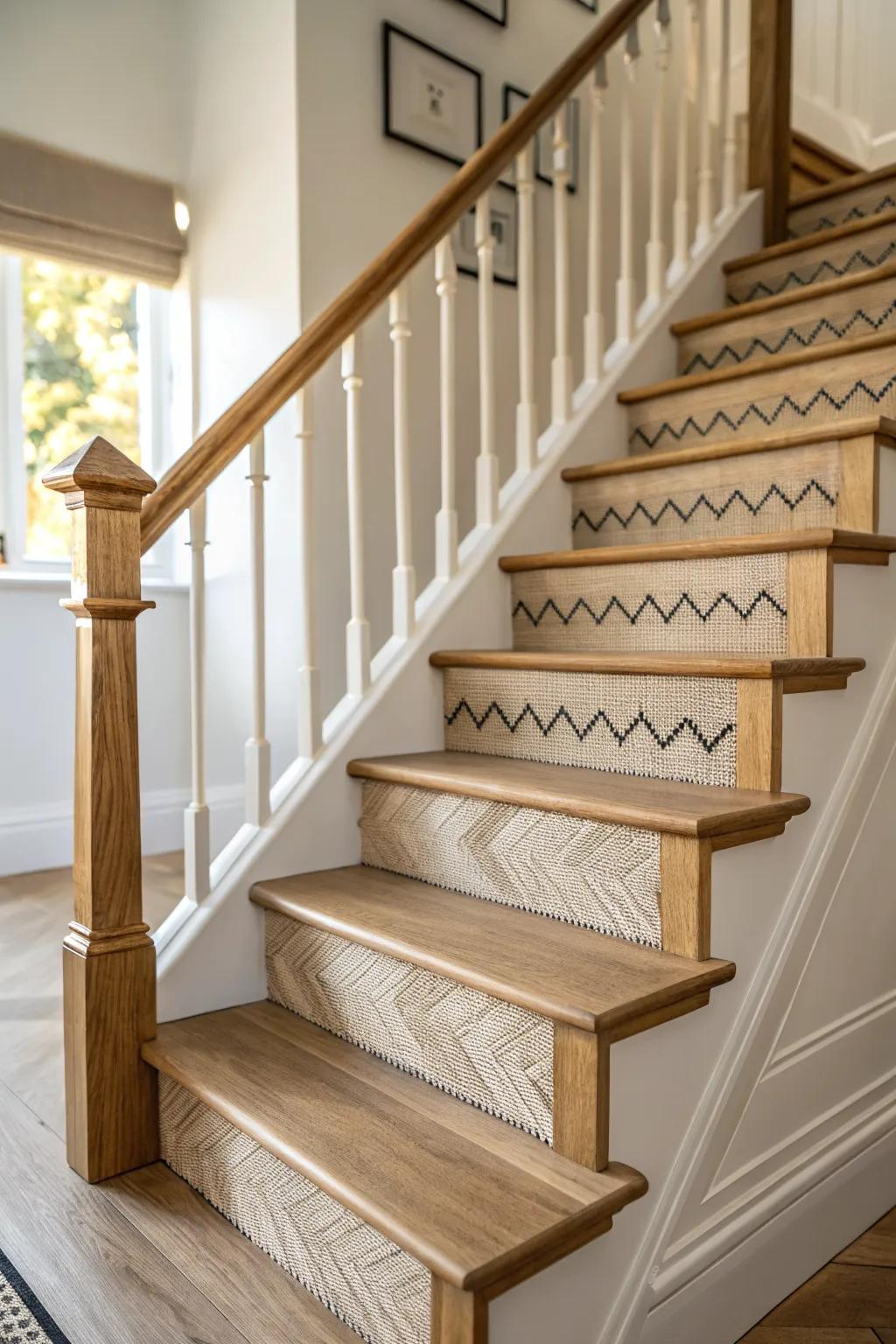 Cut-string zig-zag detail in oak and charcoal—classic craftsmanship with modern Scandinavian calm.