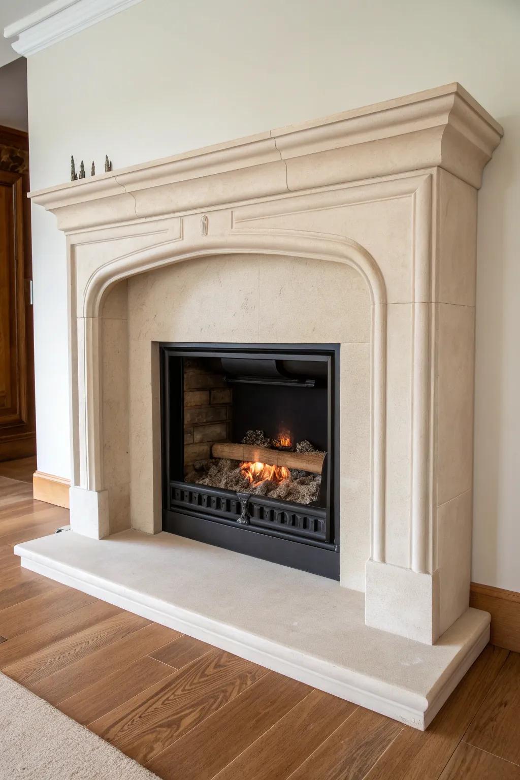 Matte-black firebox brings crisp contrast to a warm greige surround—clean, calm, and inviting.
