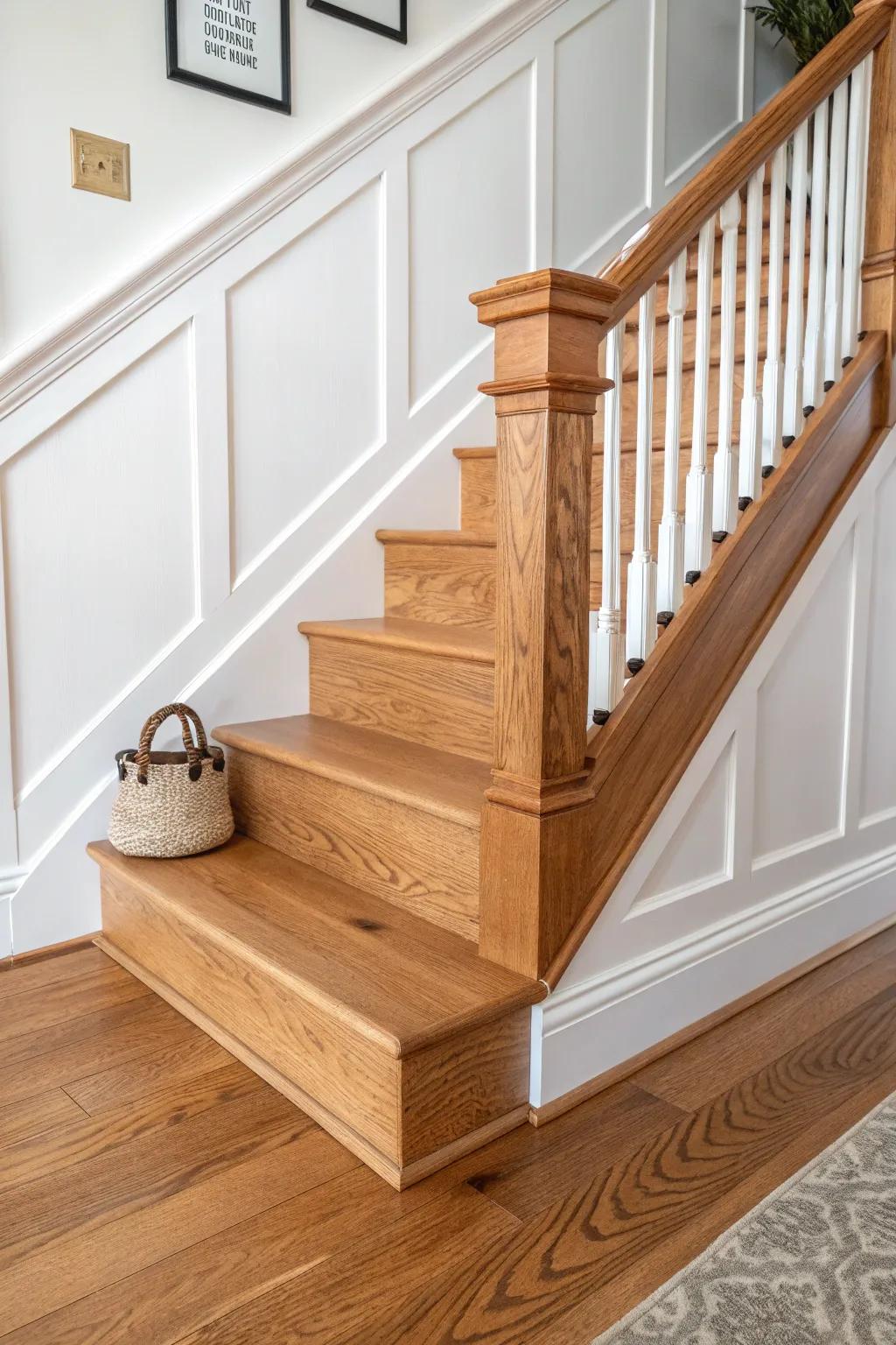 Raised-panel “old house” stair trim—classic judge’s paneling charm with modern contrast.