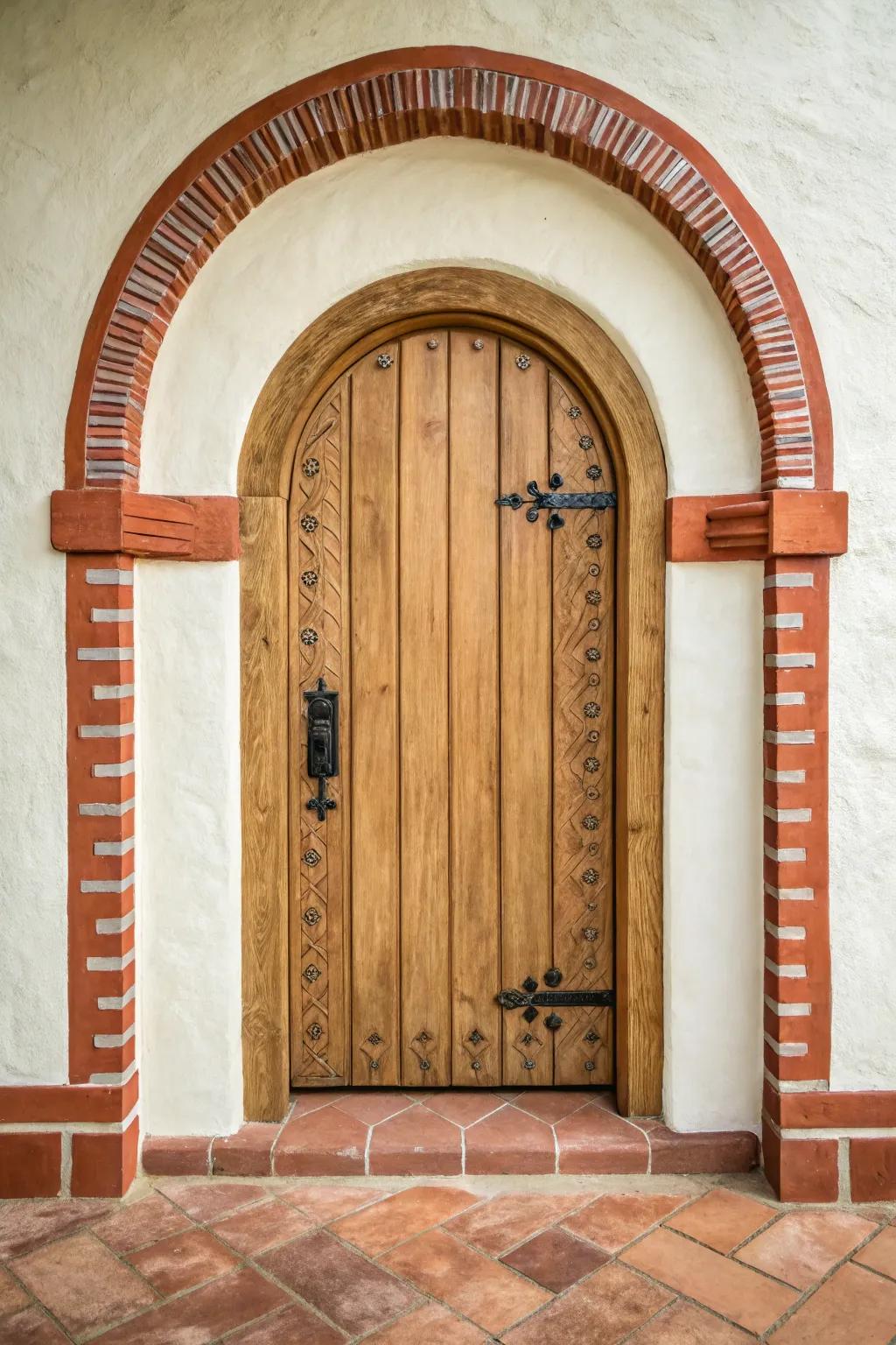 Tuscan arched trim + arched wood door: minimal, handcrafted warmth with bold contrast.