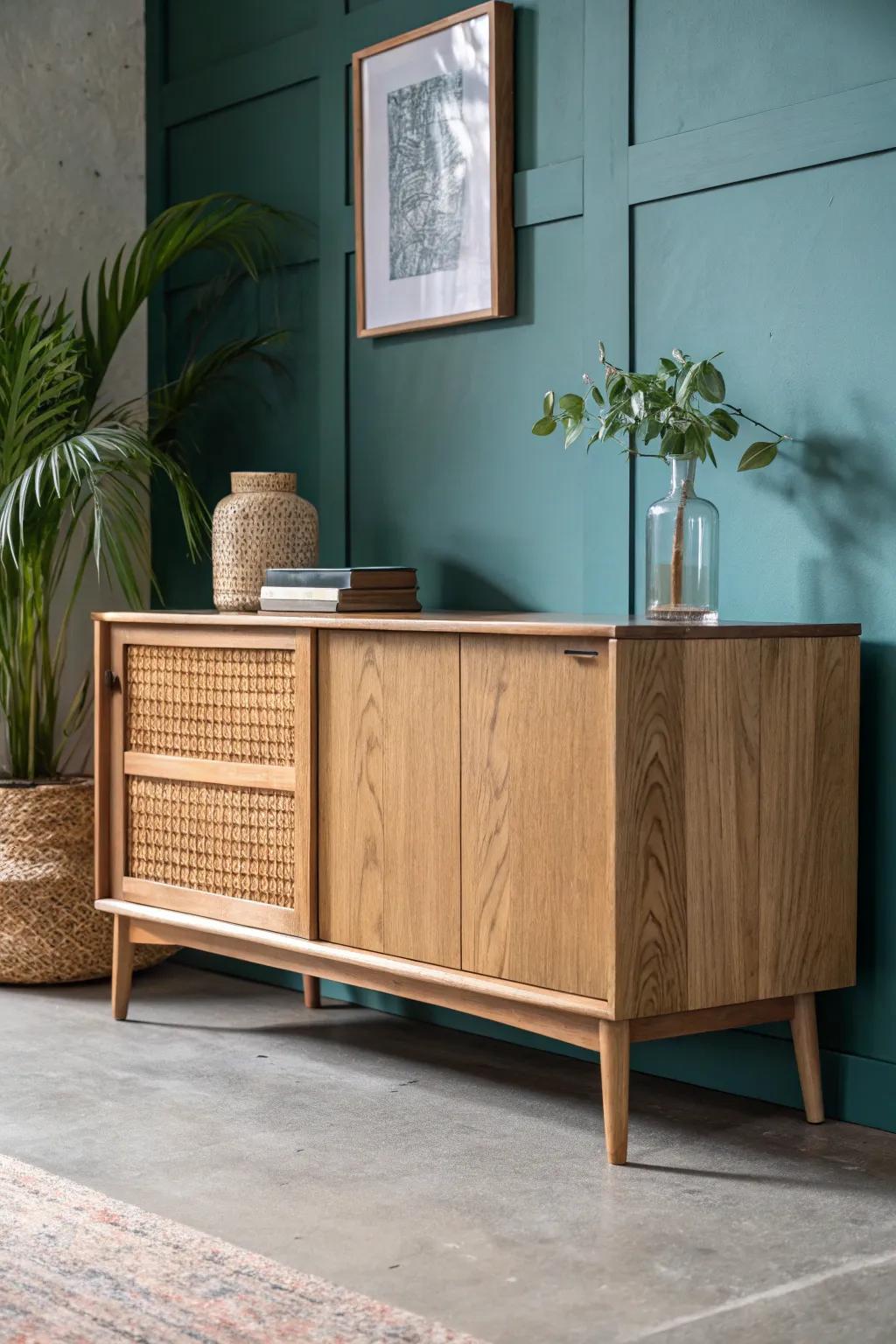 Low oak credenza—TV stand alternative with clean lines, bold contrast, and discreet cord holes.