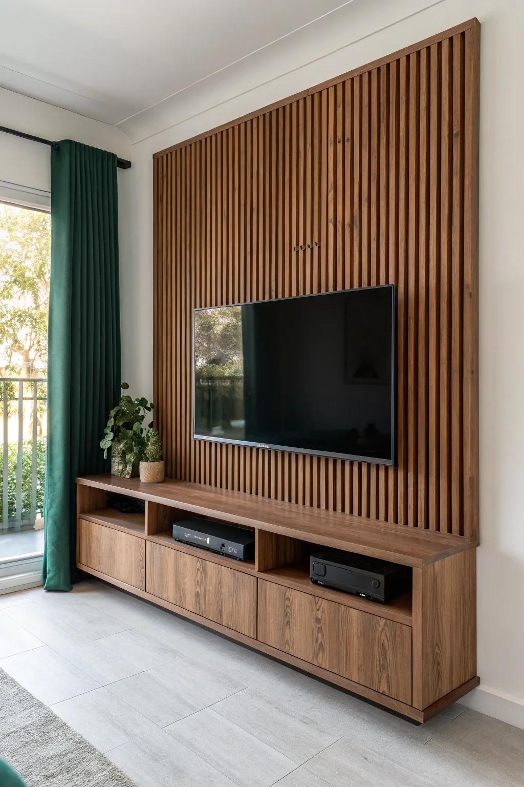 Warm walnut slat wall elevates a minimalist TV unit—high-end texture with zero clutter.
