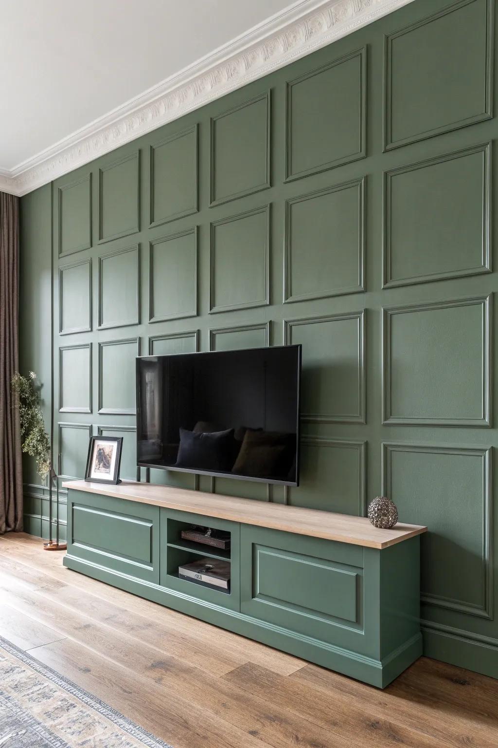 Monochrome TV wall molding adds quiet, upscale texture—dimension without shrinking the space.