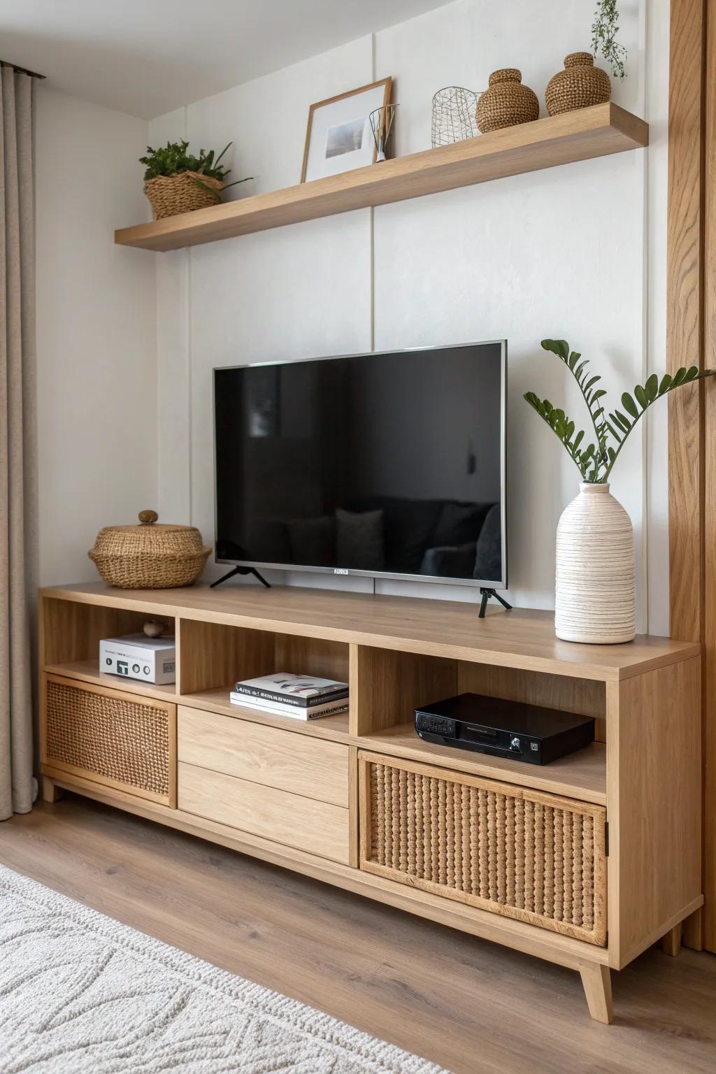Symmetrical shelves frame the TV, with warm oak cabinets below to hide cords in calm style.