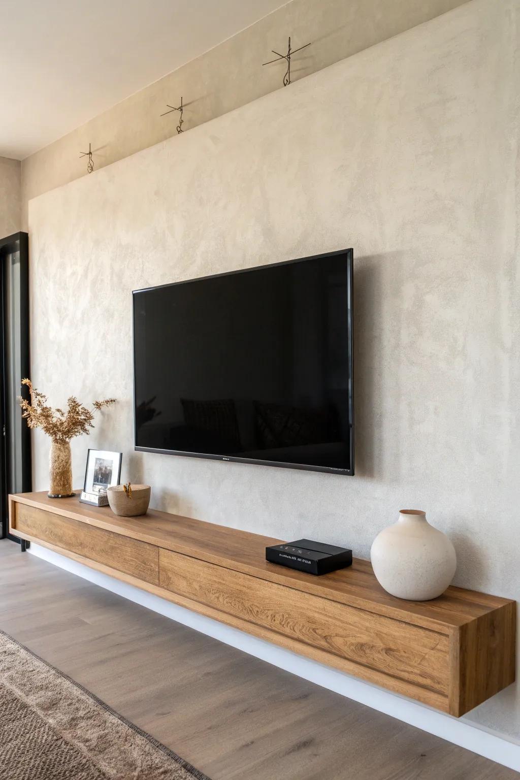 Chunky oak shelf above the TV—minimal, wider than the screen, with one bold accent.