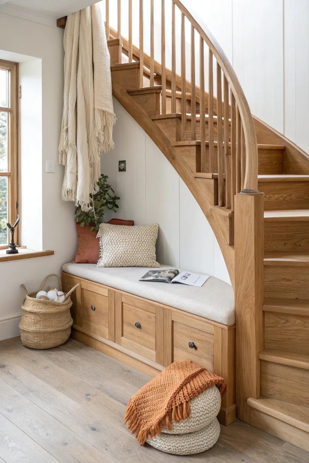 A cozy lift-up bench nook under curved stairs—beautifully hidden storage for blankets.