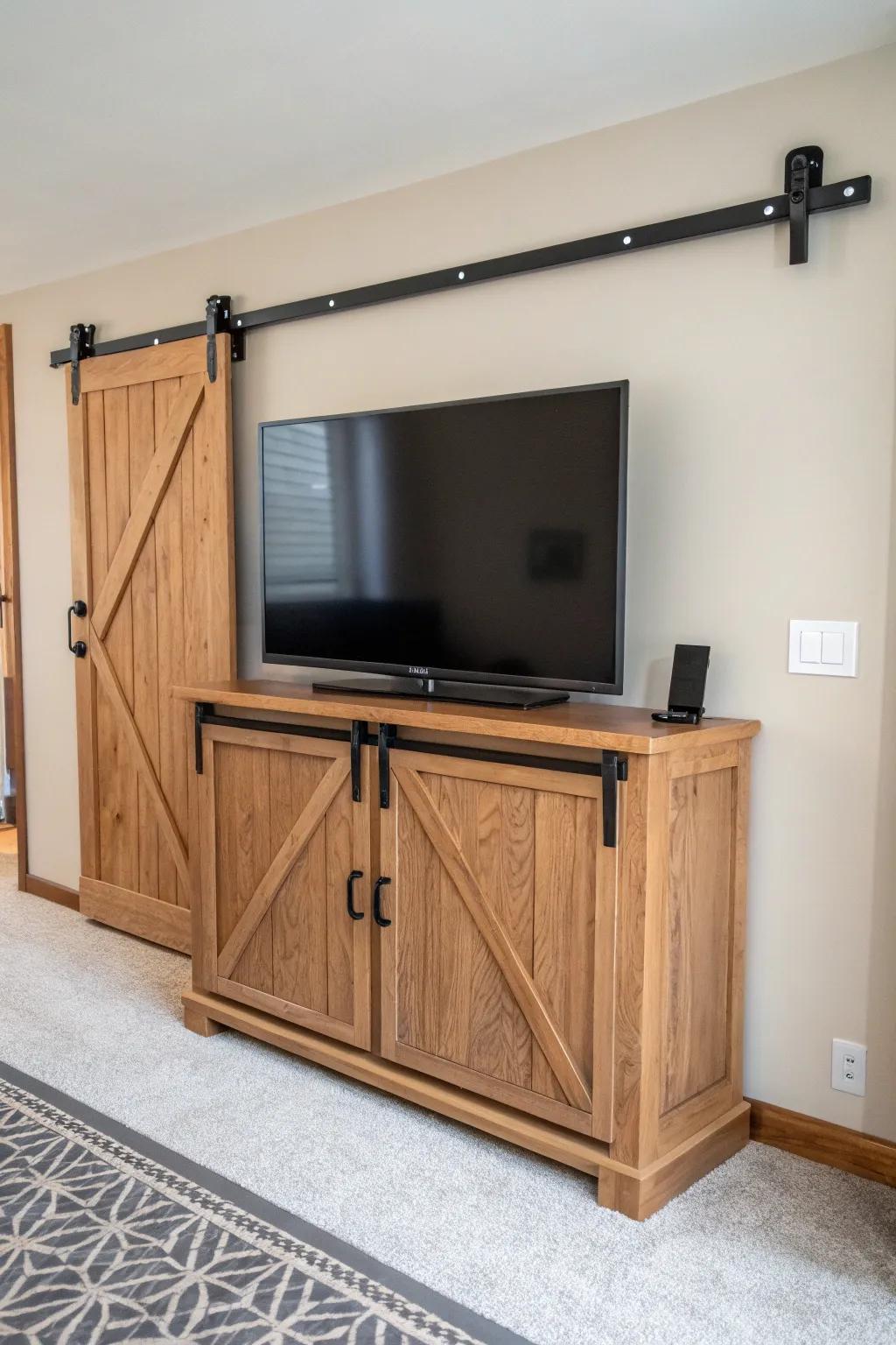 Rustic barn-door console keeps cords hidden—farmhouse warmth with clean Scandinavian lines.