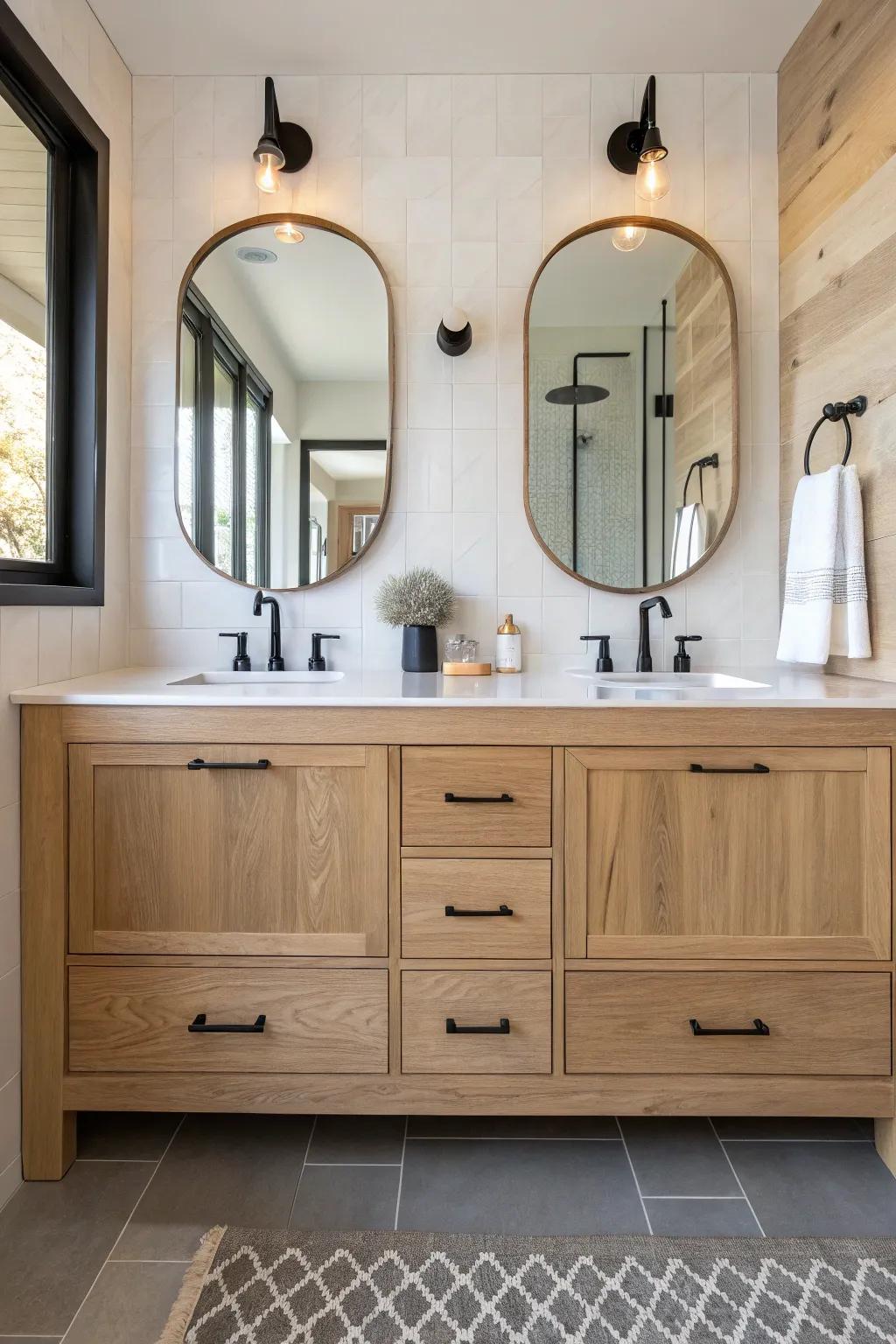 Symmetrical double vanity in light oak—two sinks, mirrored drawers, and a calm shared center zone.